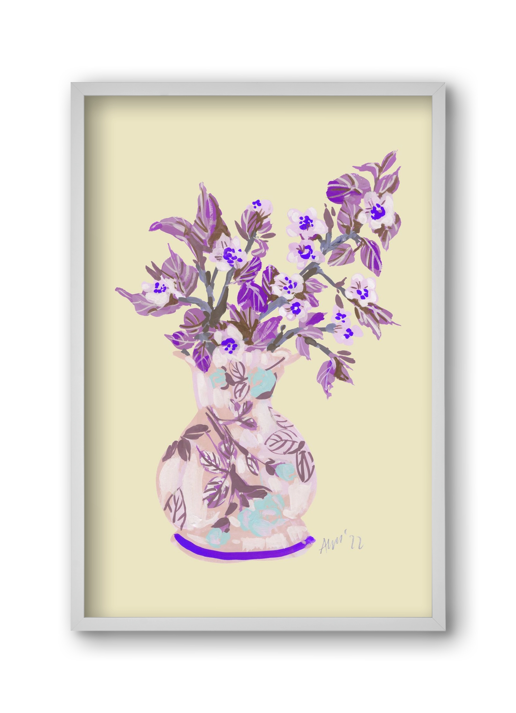 Apple Blossom In Vase- violet, 30x45 cm (30x45 cm), Fehér keret