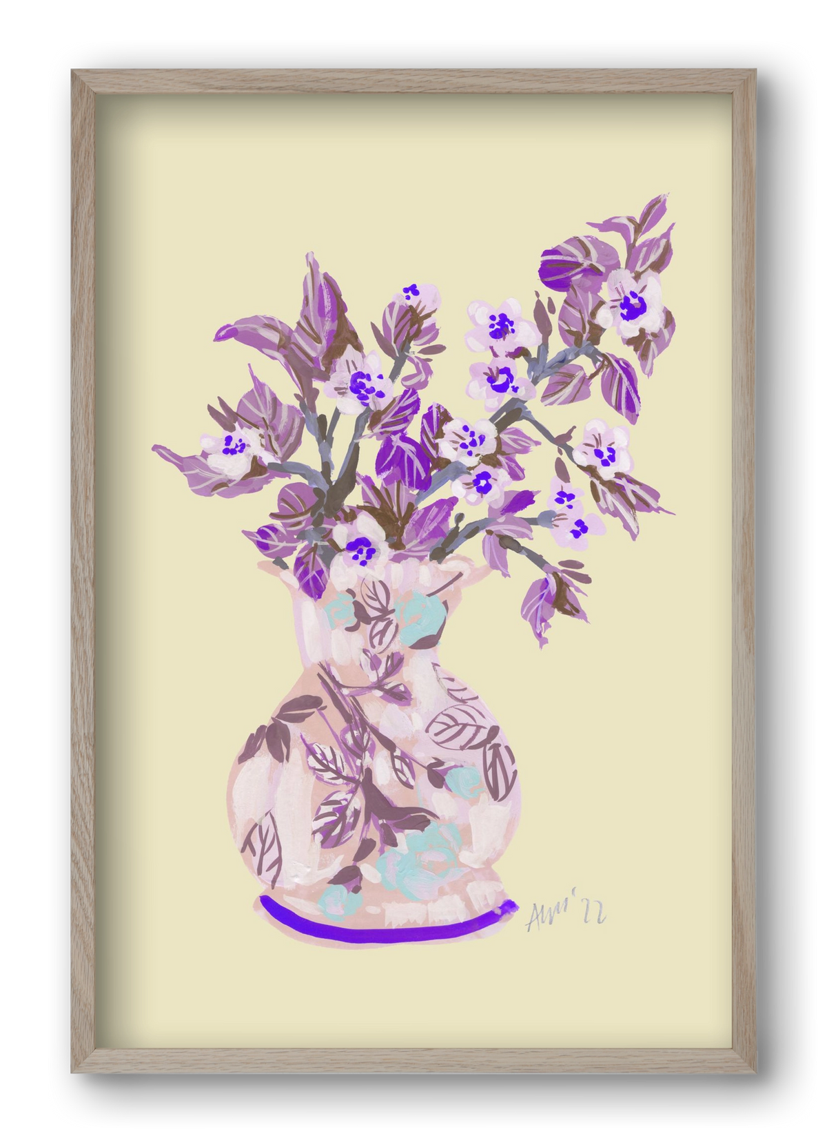 Apple Blossom In Vase- violet, 40x60 cm (40x60 cm), Tölgy keret