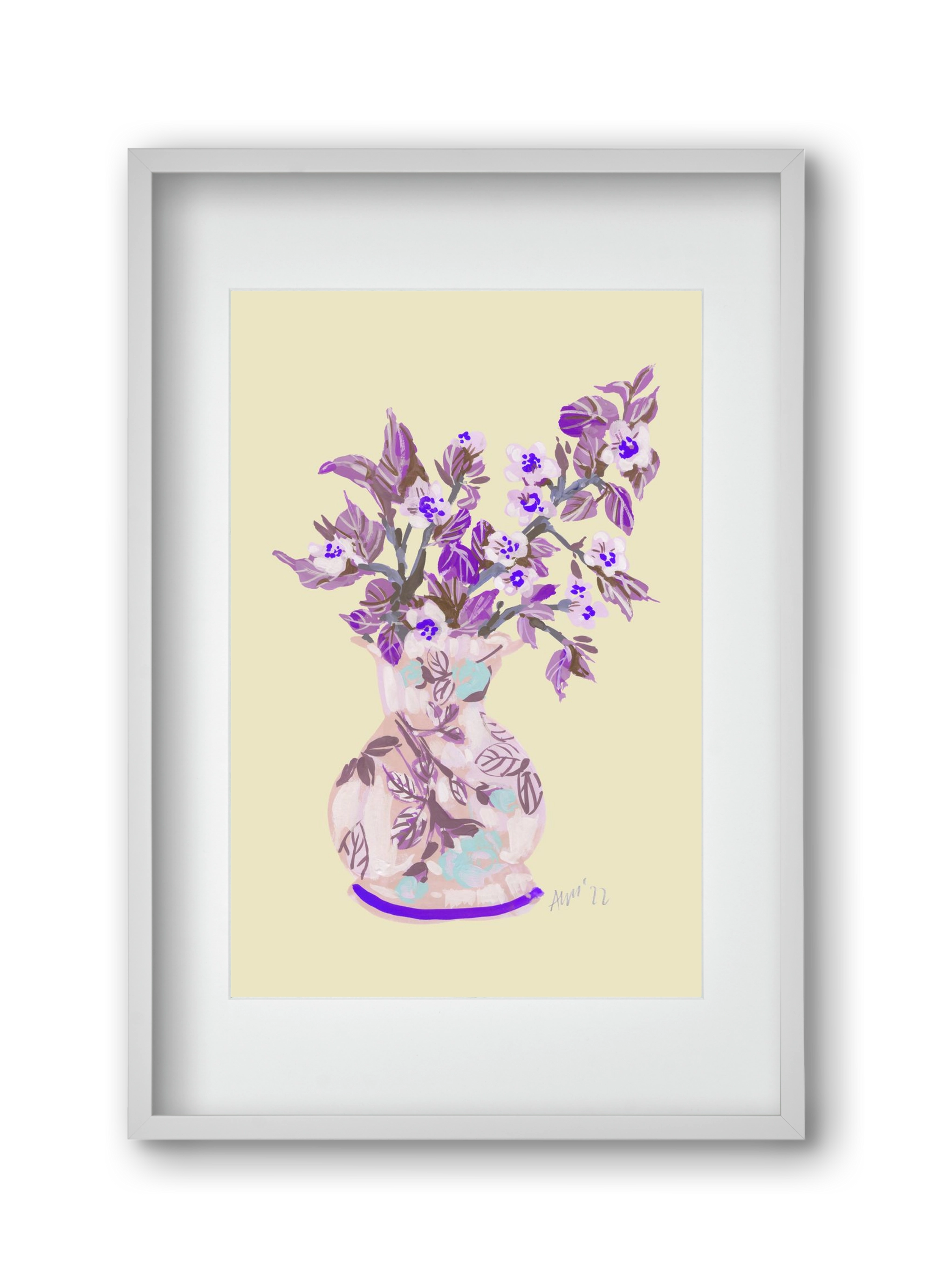 Apple Blossom In Vase- violet, 30x45 cm (20x30 cm), Fehér keret, paszpartuval