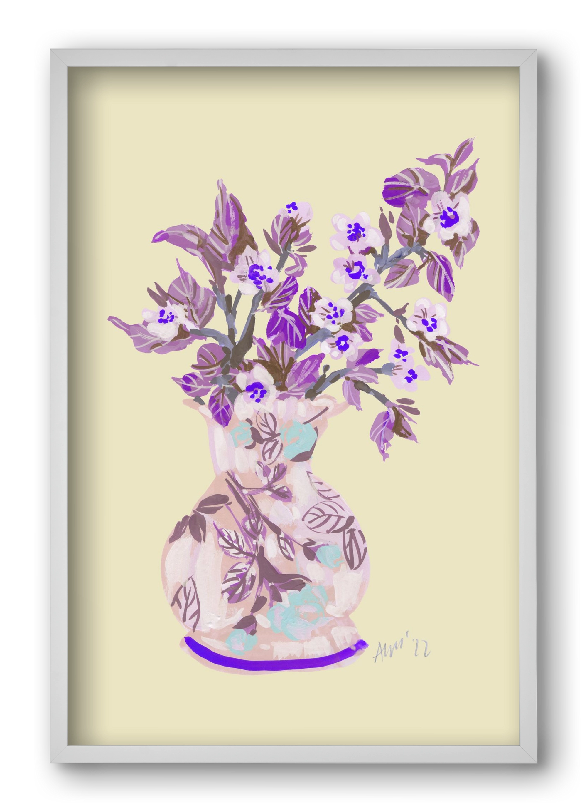 Apple Blossom In Vase- violet, 40x60 cm (40x60 cm), Fehér keret