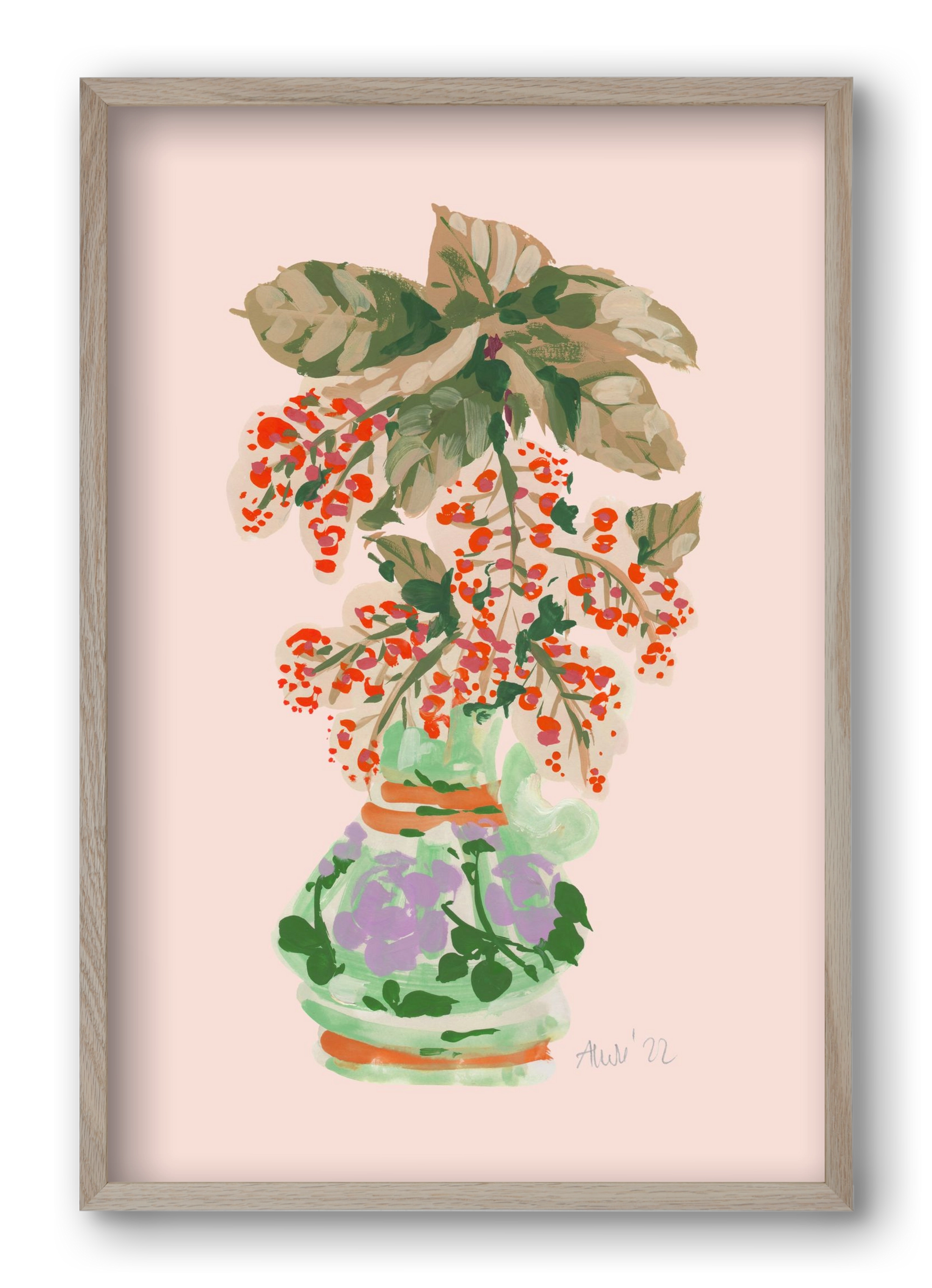 Apple Blossom In Vase- red, 40x60 cm (40x60 cm), Tölgy keret