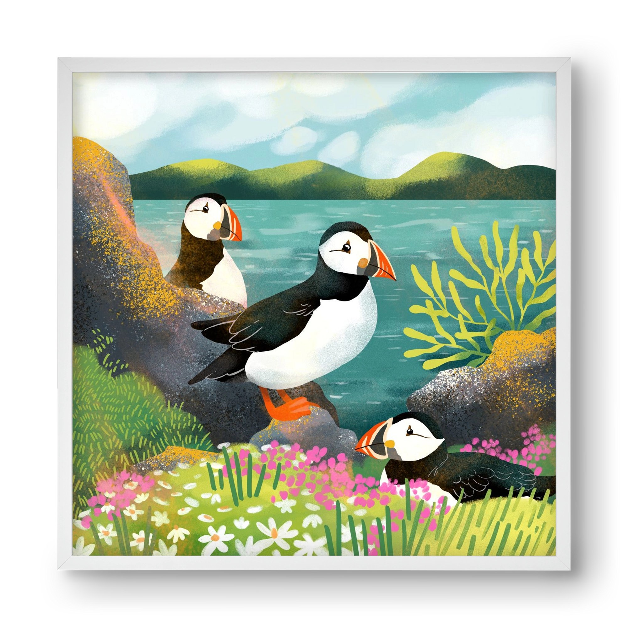 Lundák a parton, 40x40 cm (40x40 cm), Fehér keret