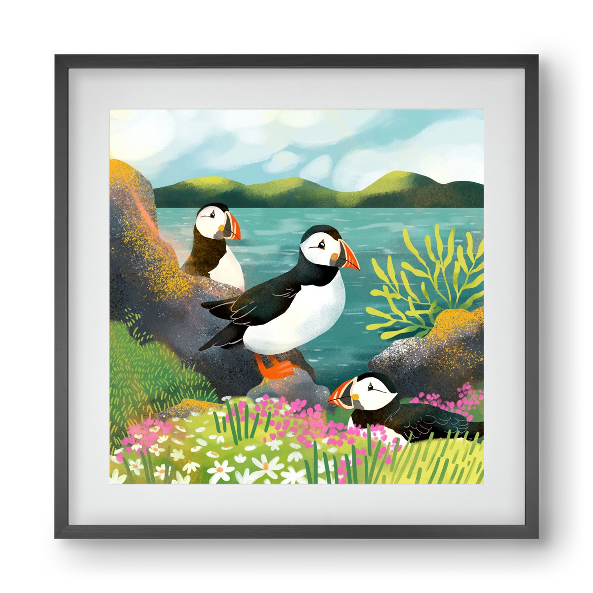 Lundák a parton, 40x40 cm (30x30 cm), Fekete keret, paszpartuval