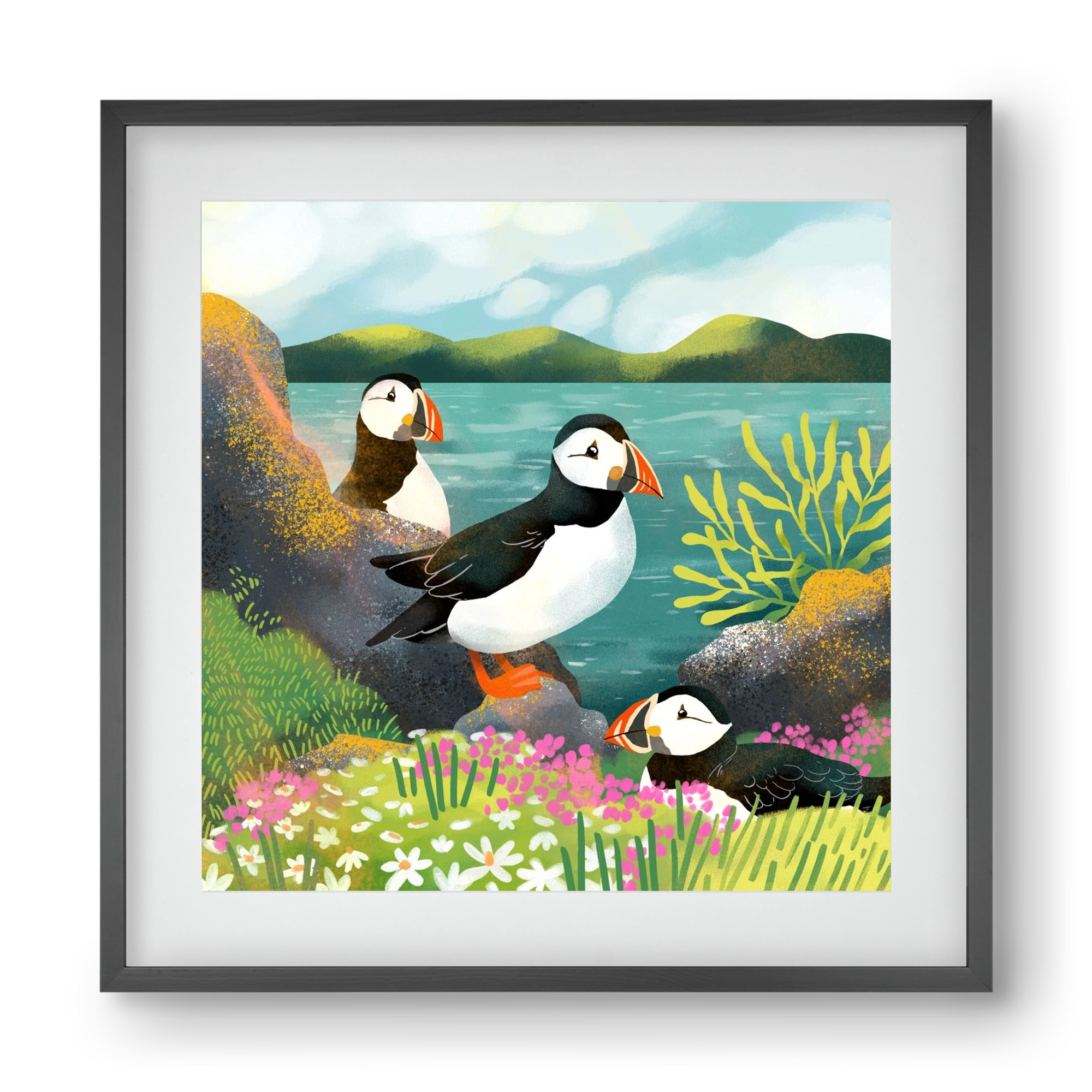 Lundák a parton, 40x40 cm (30x30 cm), Fekete keret, paszpartuval