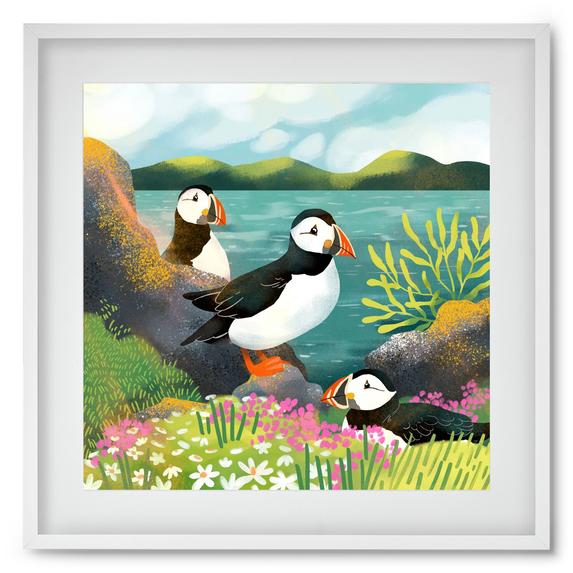 Lundák a parton, 50x50 cm (40x40 cm), Fehér keret, paszpartuval