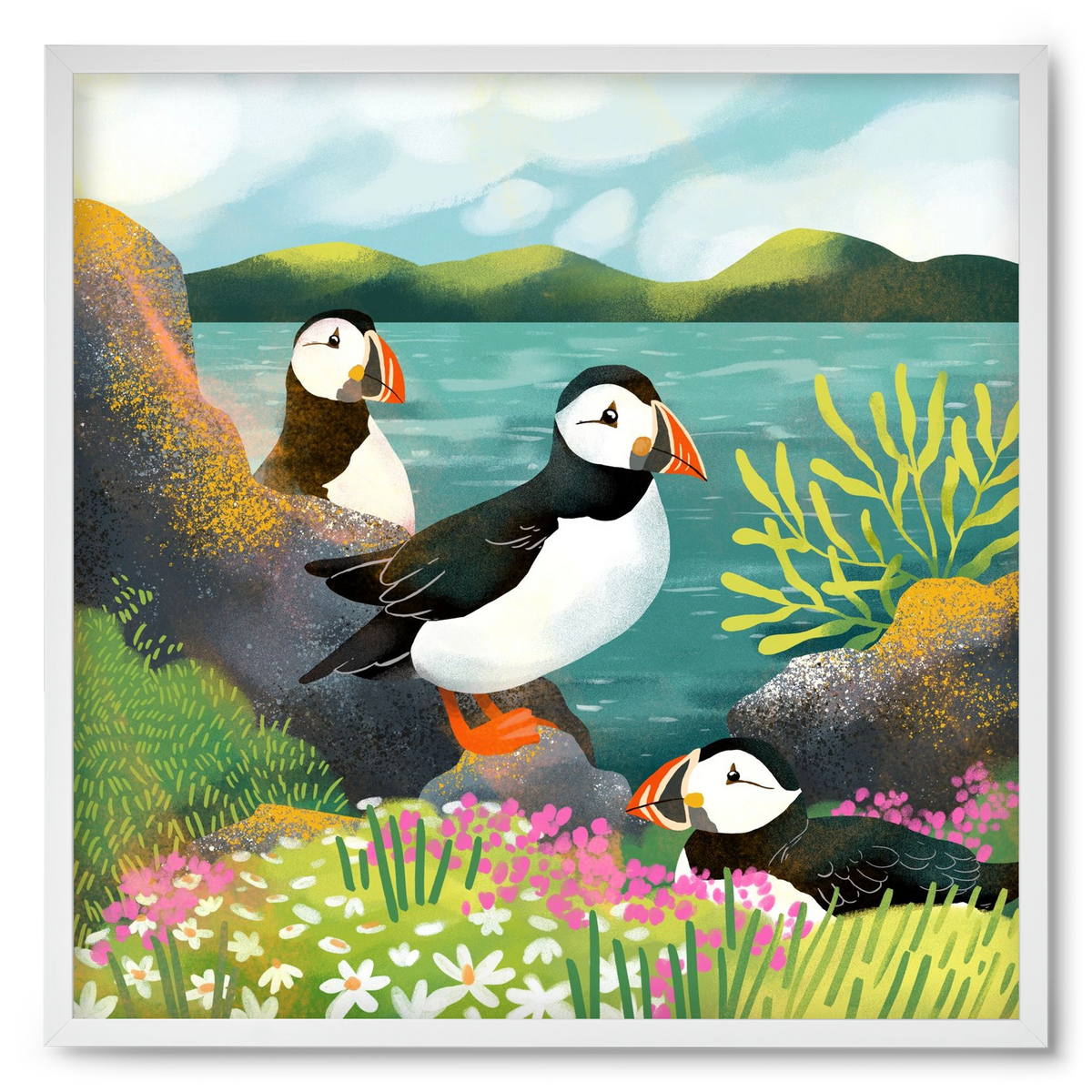 Lundák a parton, 50x50 cm (50x50 cm), Fehér keret