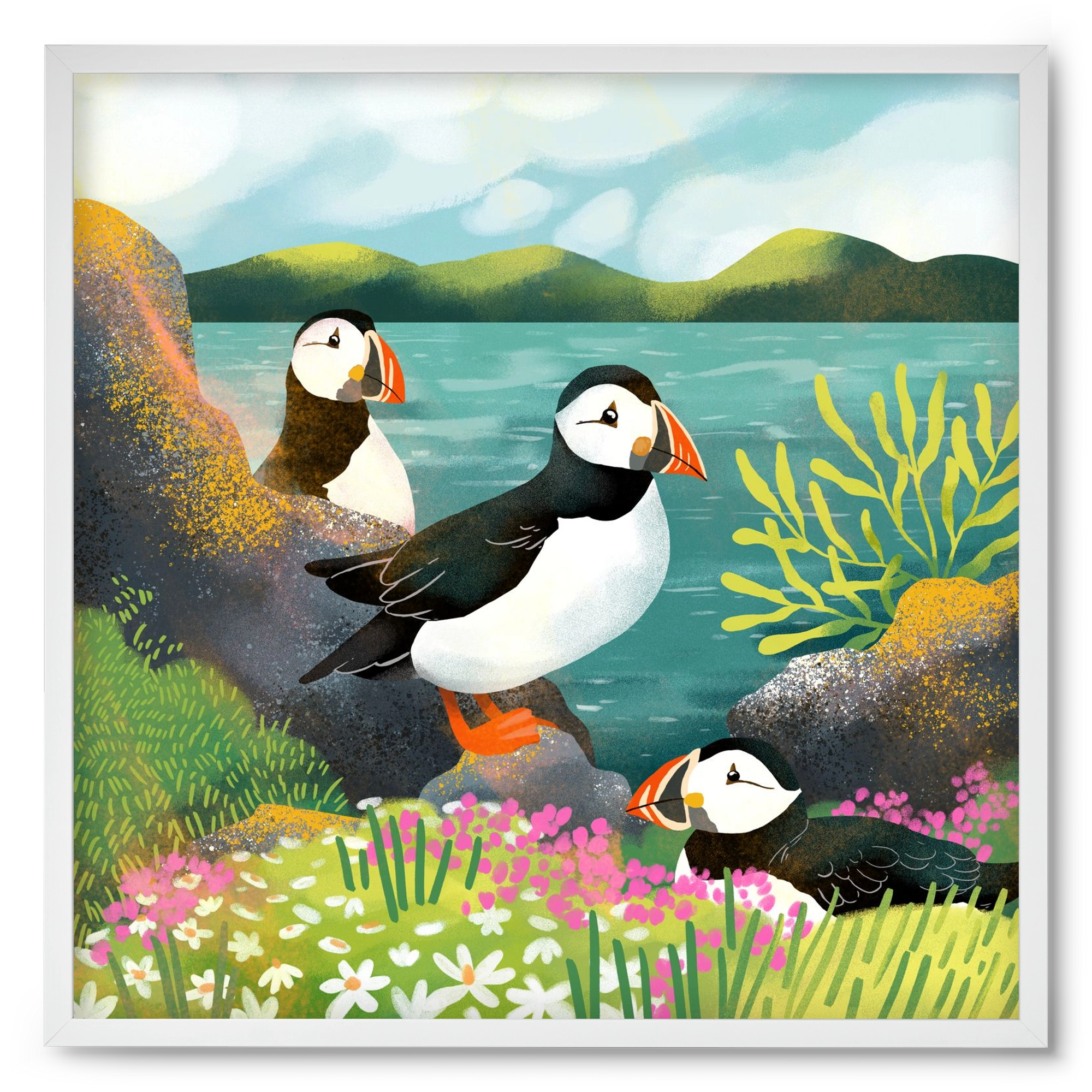 Lundák a parton, 50x50 cm (50x50 cm), Fehér keret