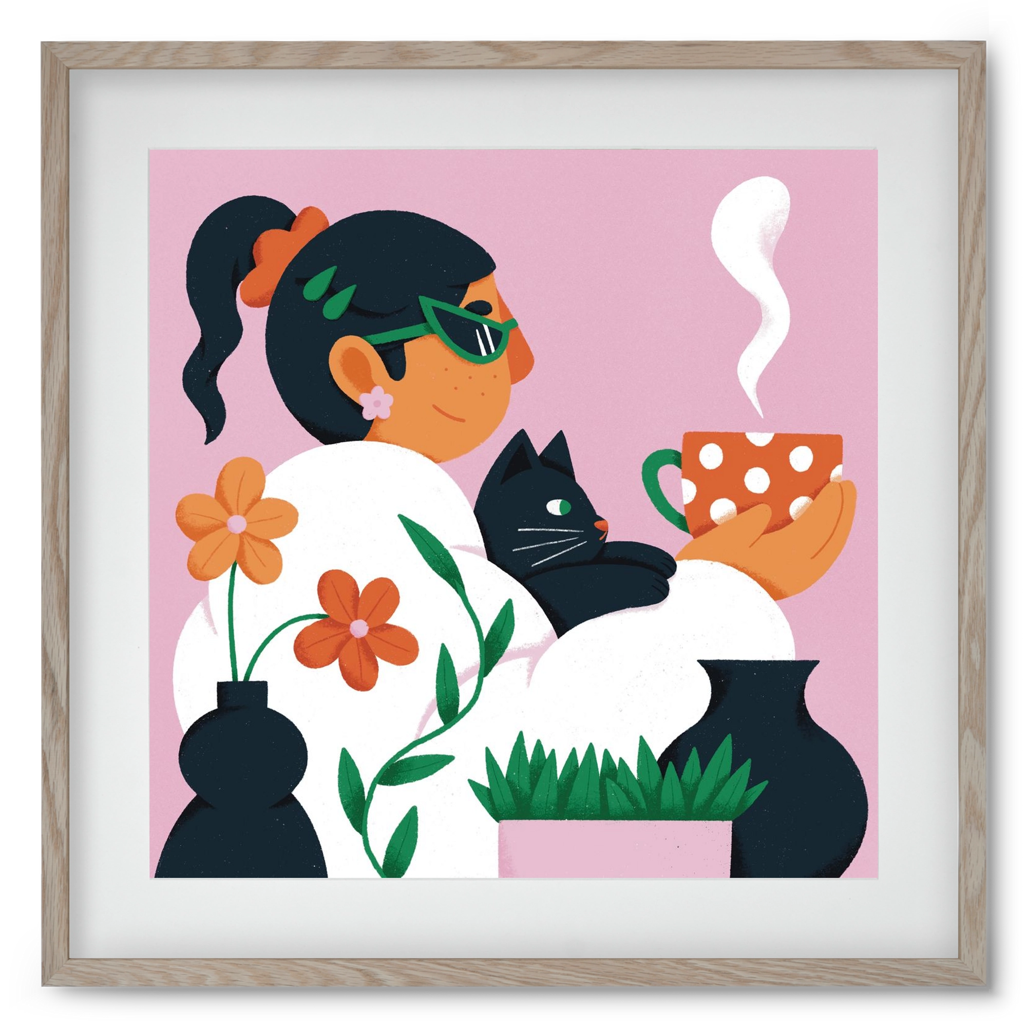 Girl with a cat, 50x50 cm (40x40 cm), Tölgy keret, paszpartuval