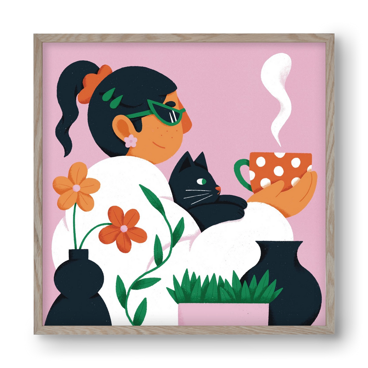 Girl with a cat, 40x40 cm (40x40 cm), Tölgy keret