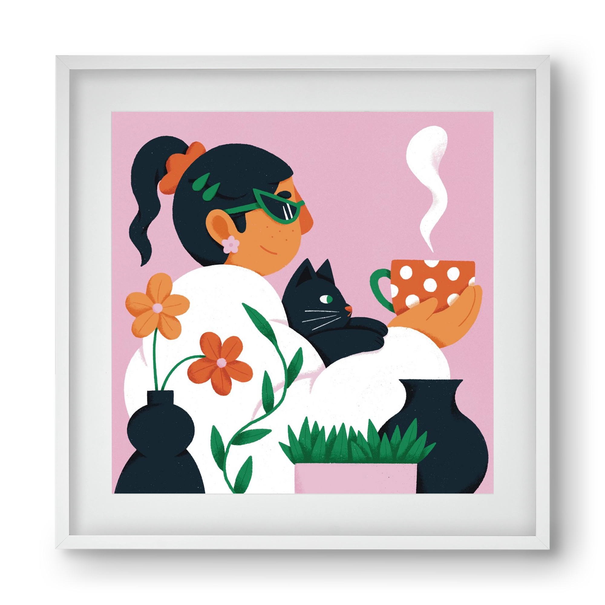 Girl with a cat, 40x40 cm (30x30 cm), Fehér keret, paszpartuval