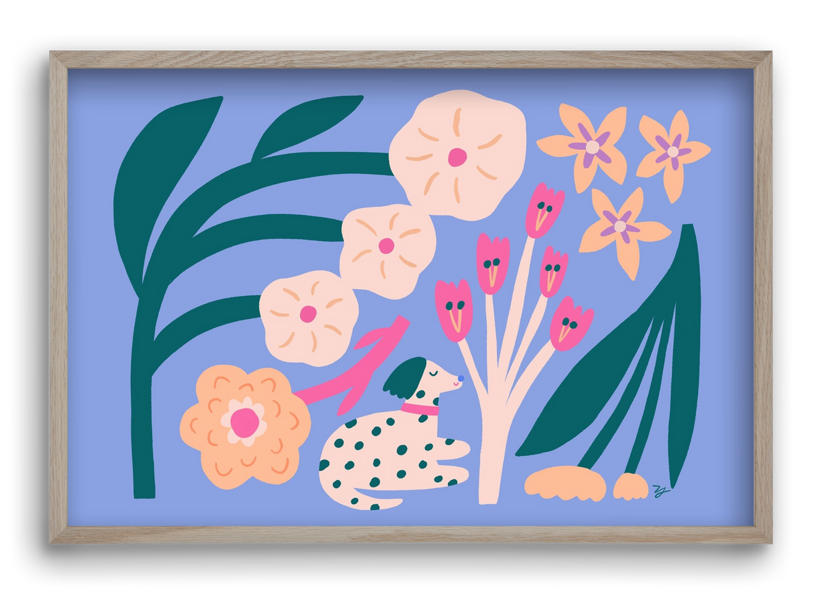 Puppy with Flowers, 60x40 cm (60x40 cm), Tölgy keret