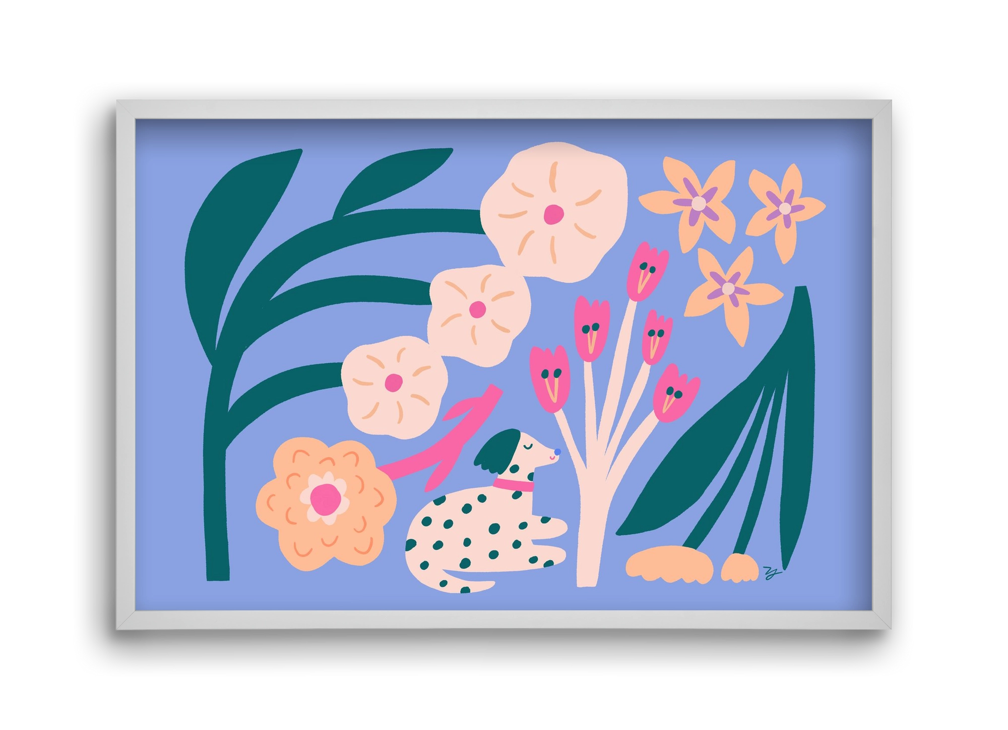 Puppy with Flowers, 45x30 cm (45x30 cm), Fehér keret