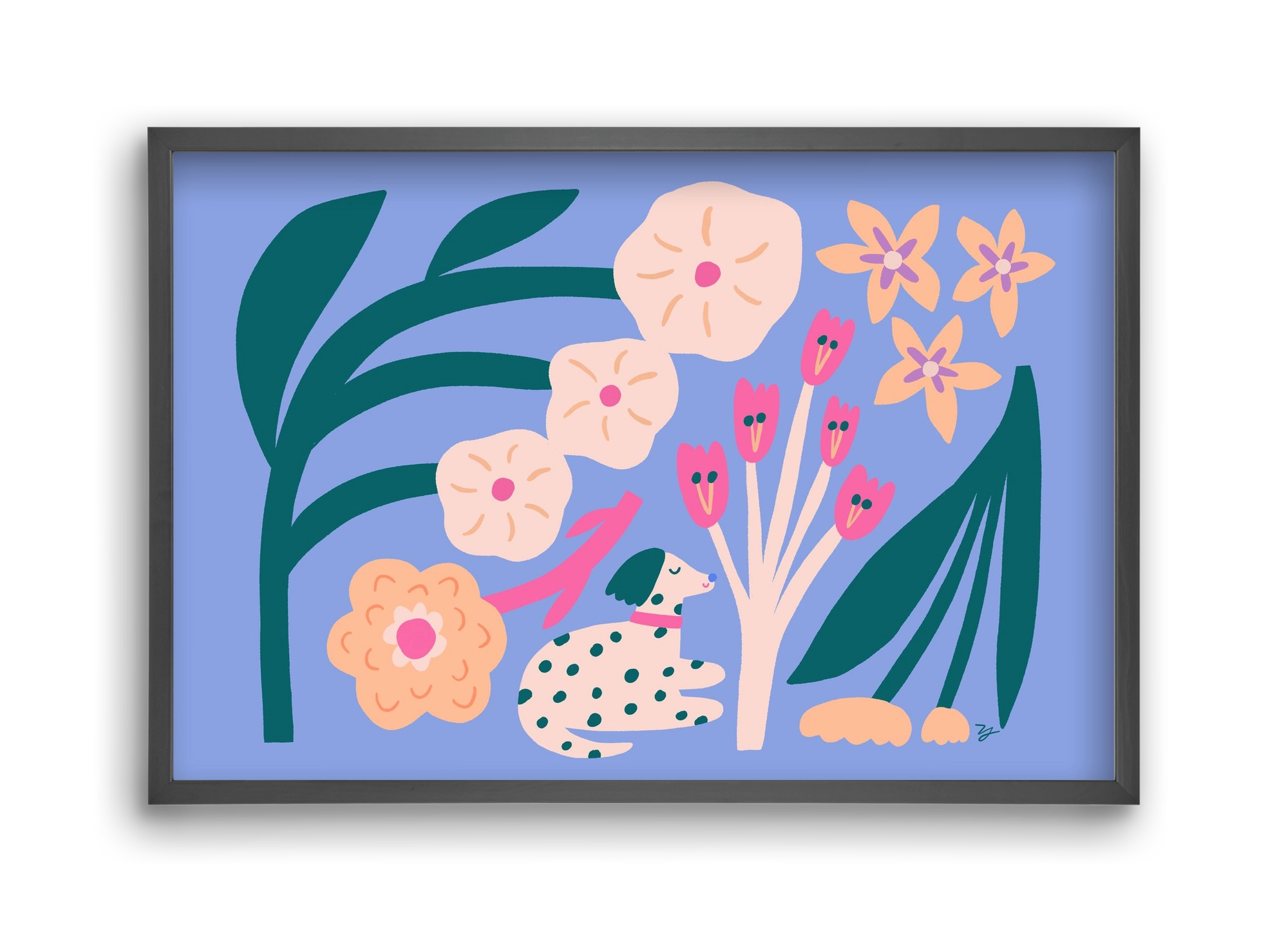 Puppy with Flowers, 45x30 cm (45x30 cm), Fekete keret