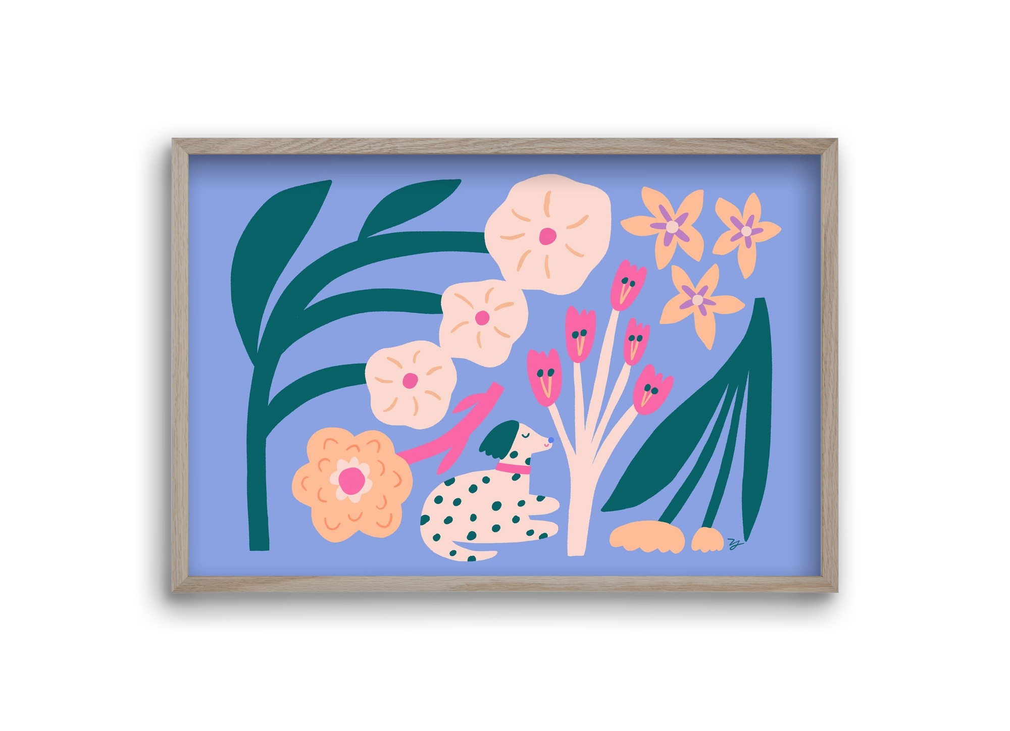 Puppy with Flowers, 30x20 cm (30x20 cm), Tölgy keret