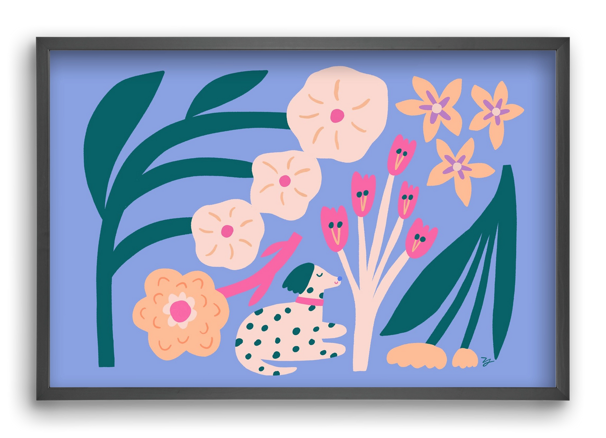 Puppy with Flowers, 60x40 cm (60x40 cm), Fekete keret