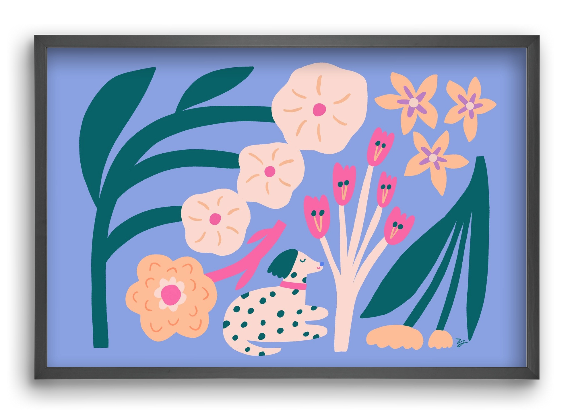 Puppy with Flowers, 60x40 cm (60x40 cm), Fekete keret