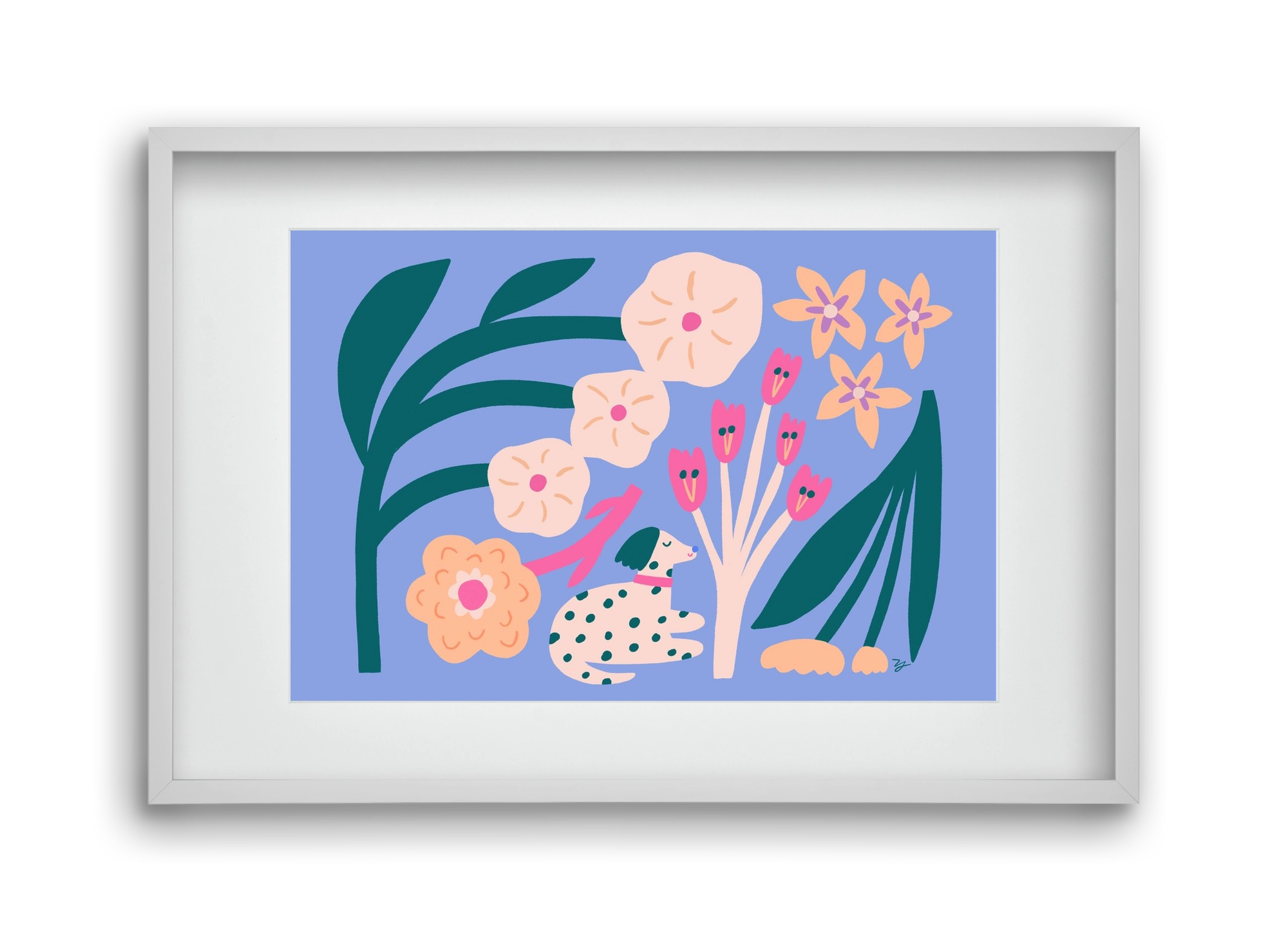 Puppy with Flowers, 45x30 cm (30x20 cm), Fehér keret, paszpartuval