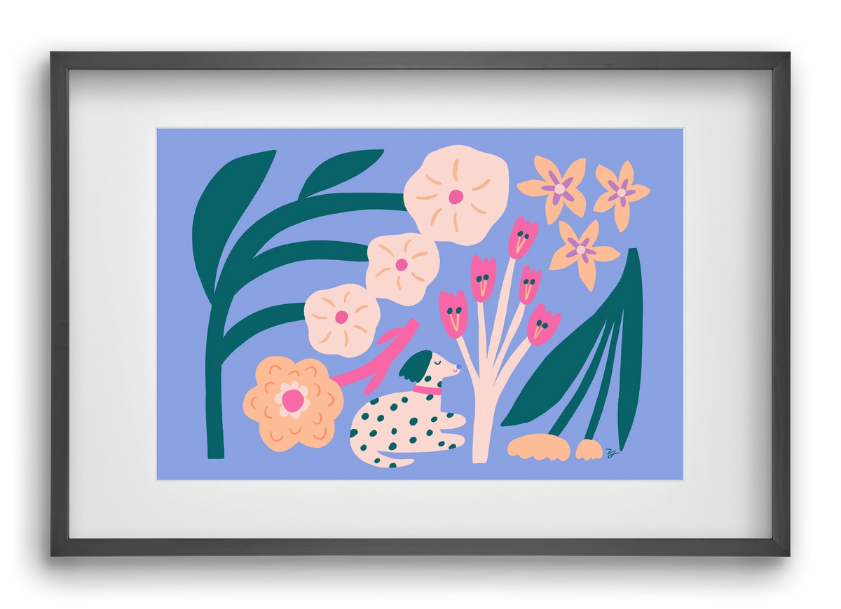 Puppy with Flowers, 60x40 cm (45x30 cm), Fekete keret, paszpartuval