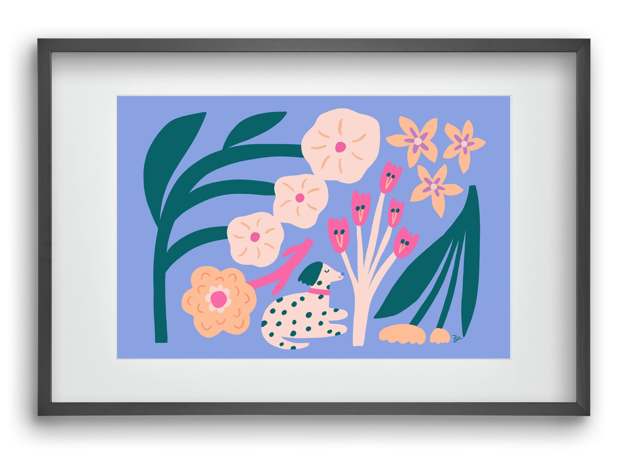 Puppy with Flowers, 60x40 cm (45x30 cm), Fekete keret, paszpartuval