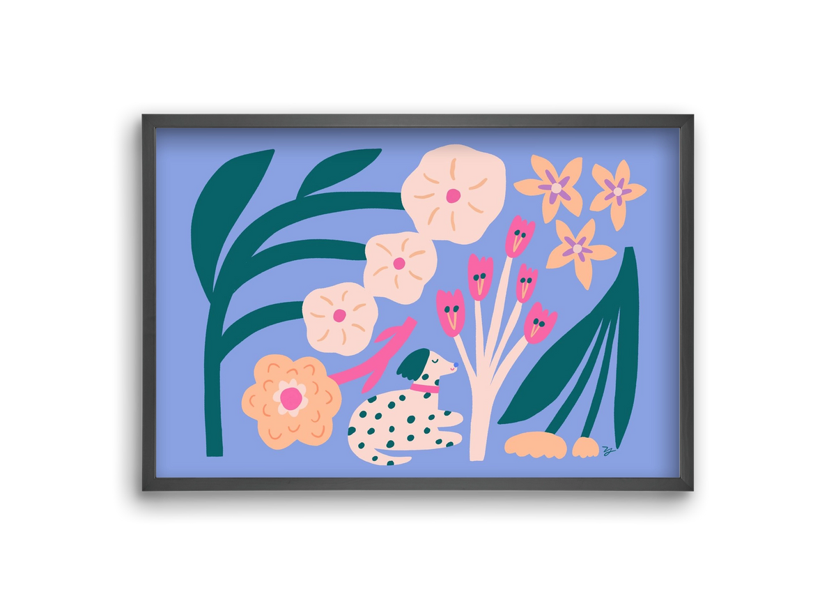 Puppy with Flowers, 30x20 cm (30x20 cm), Fekete keret