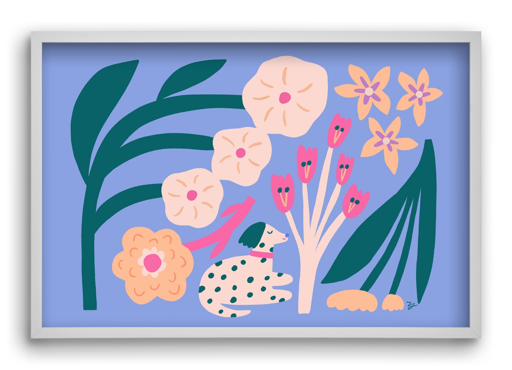 Puppy with Flowers, 60x40 cm (60x40 cm), Fehér keret