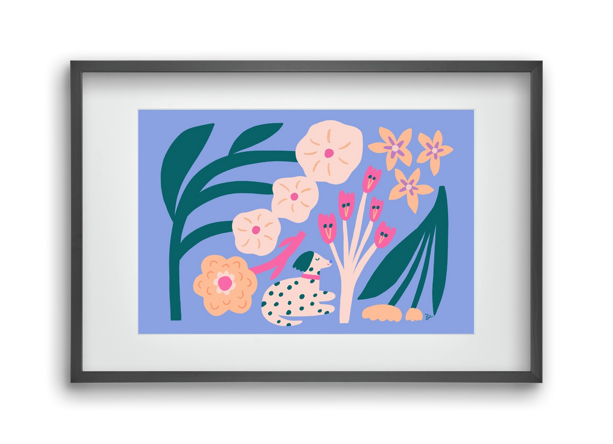 Puppy with Flowers, 45x30 cm (30x20 cm), Fekete keret, paszpartuval