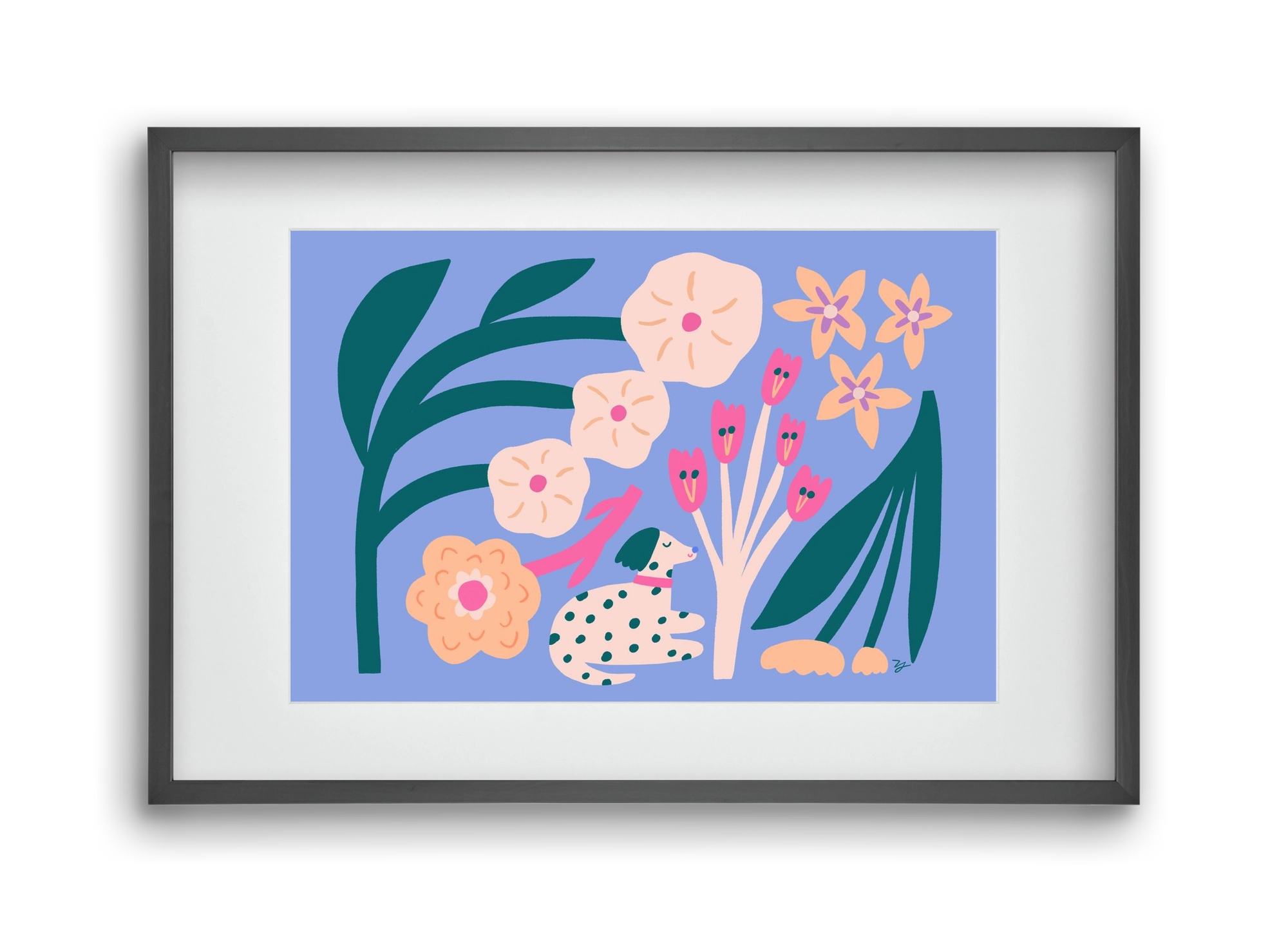 Puppy with Flowers, 45x30 cm (30x20 cm), Fekete keret, paszpartuval