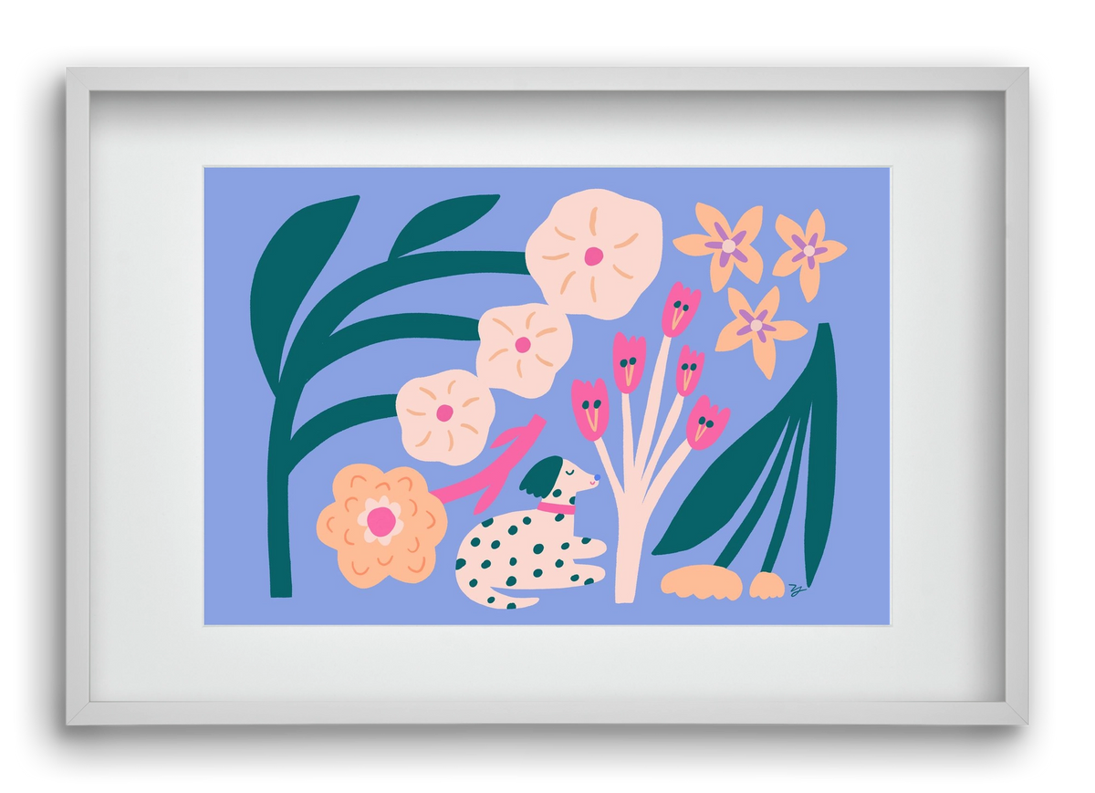 Puppy with Flowers, 60x40 cm (45x30 cm), Fehér keret, paszpartuval