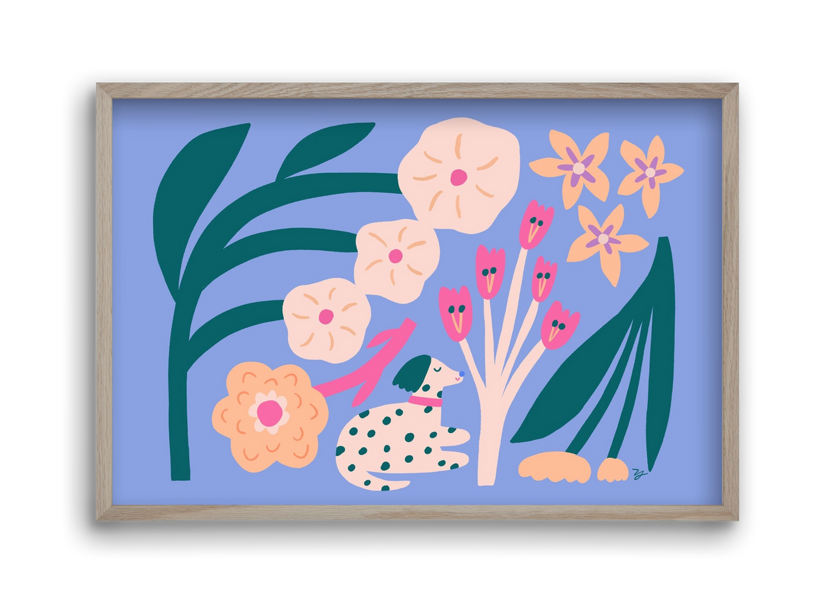 Puppy with Flowers, 45x30 cm (45x30 cm), Tölgy keret