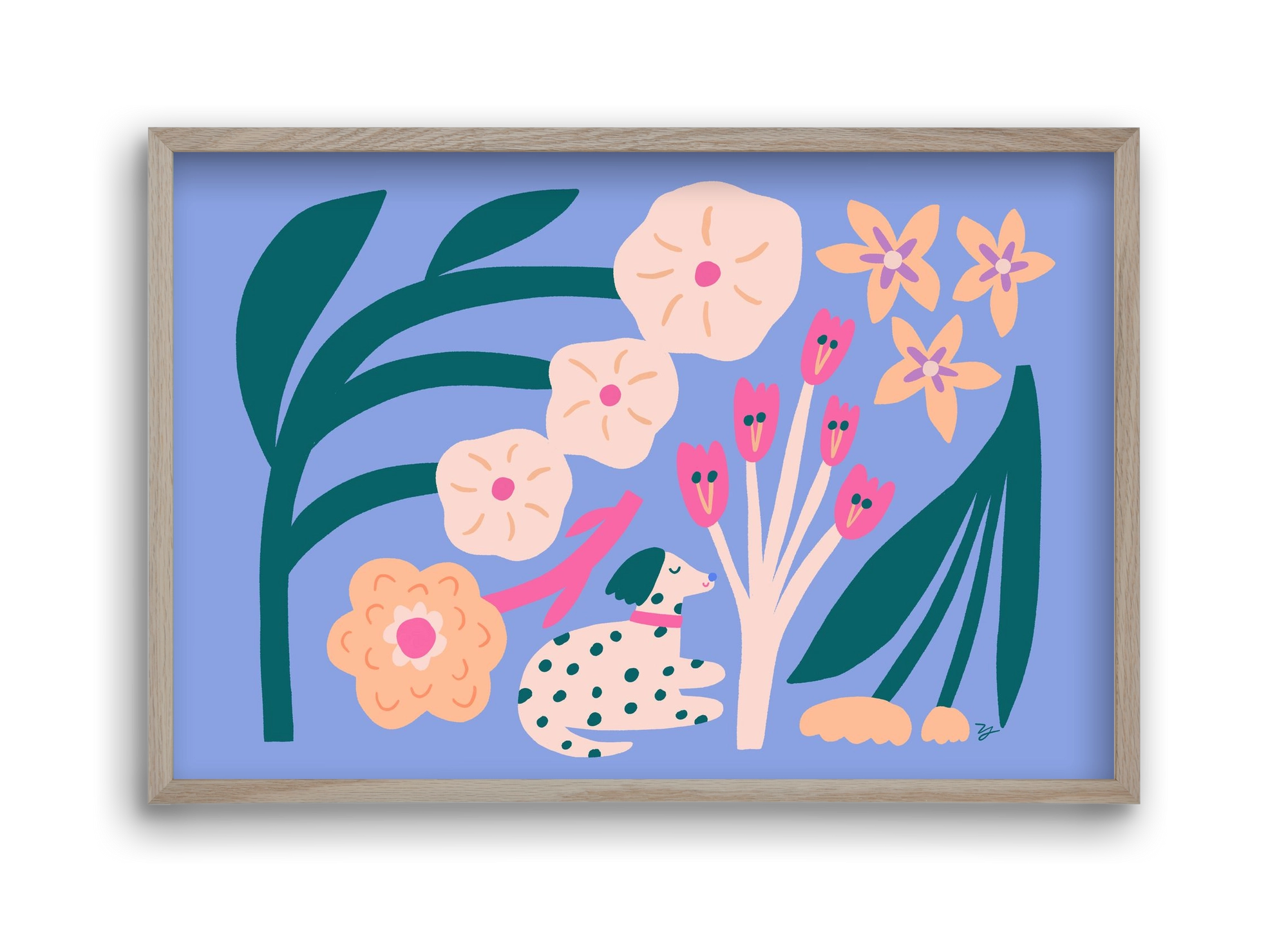 Puppy with Flowers, 45x30 cm (45x30 cm), Tölgy keret