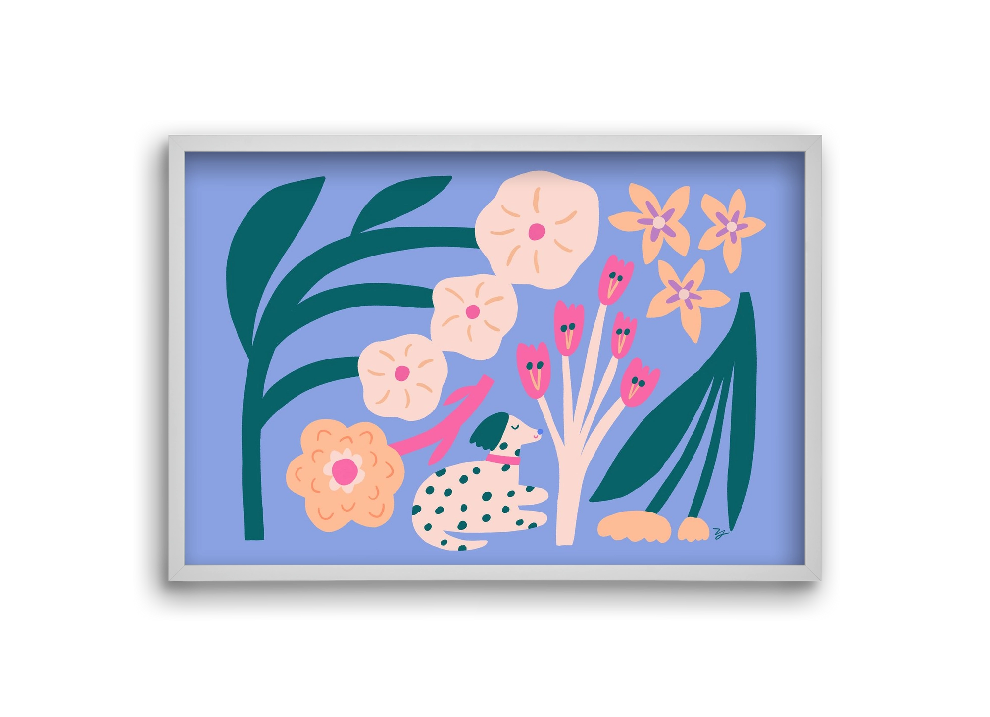 Puppy with Flowers, 30x20 cm (30x20 cm), Fehér keret