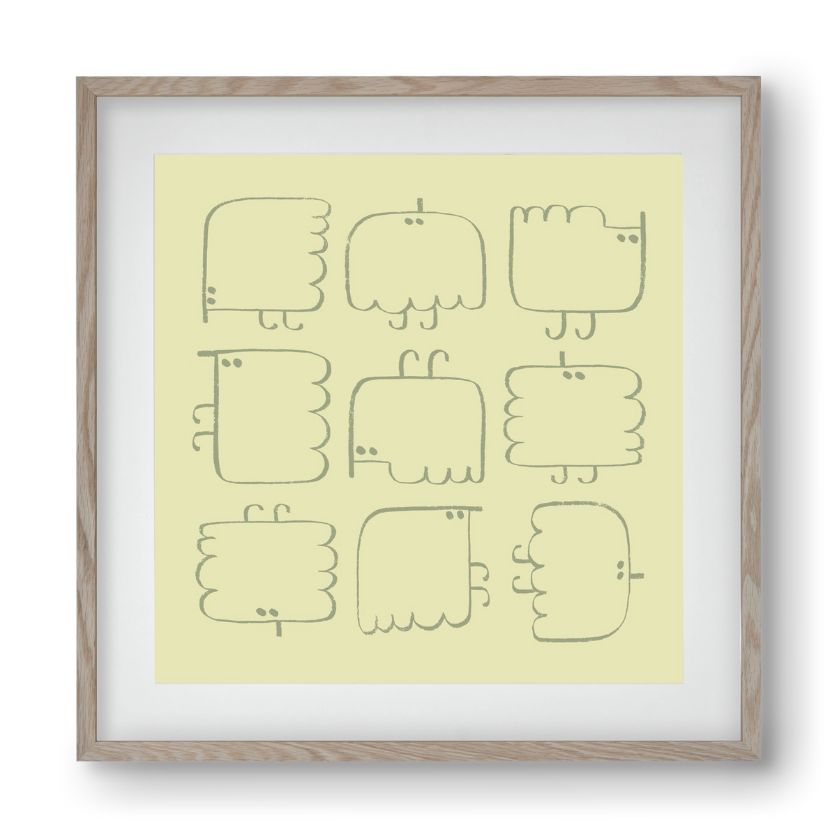 Funny Bird (light green), 40x40 cm (30x30 cm), Tölgy keret, paszpartuval