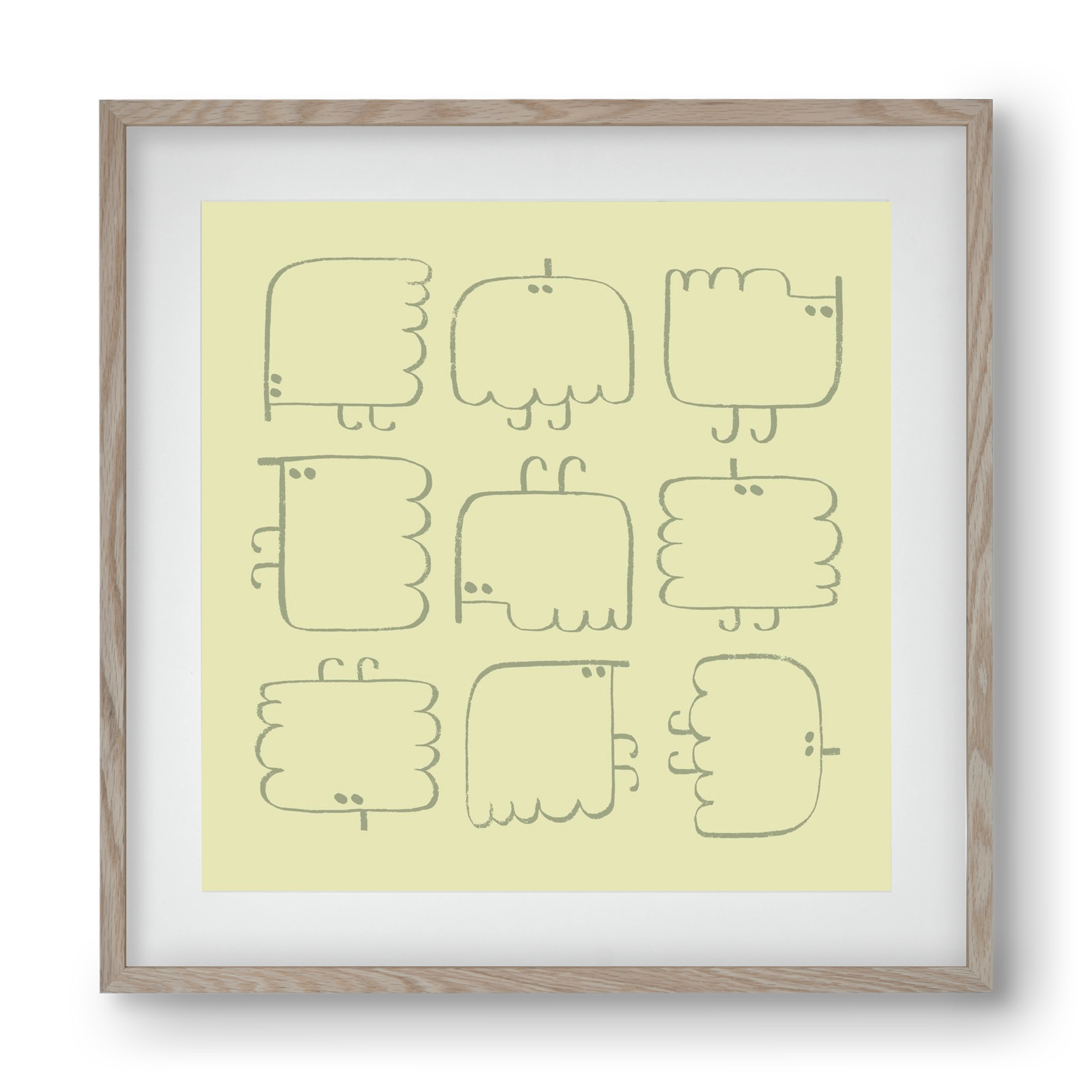 Funny Bird (light green), 40x40 cm (30x30 cm), Tölgy keret, paszpartuval