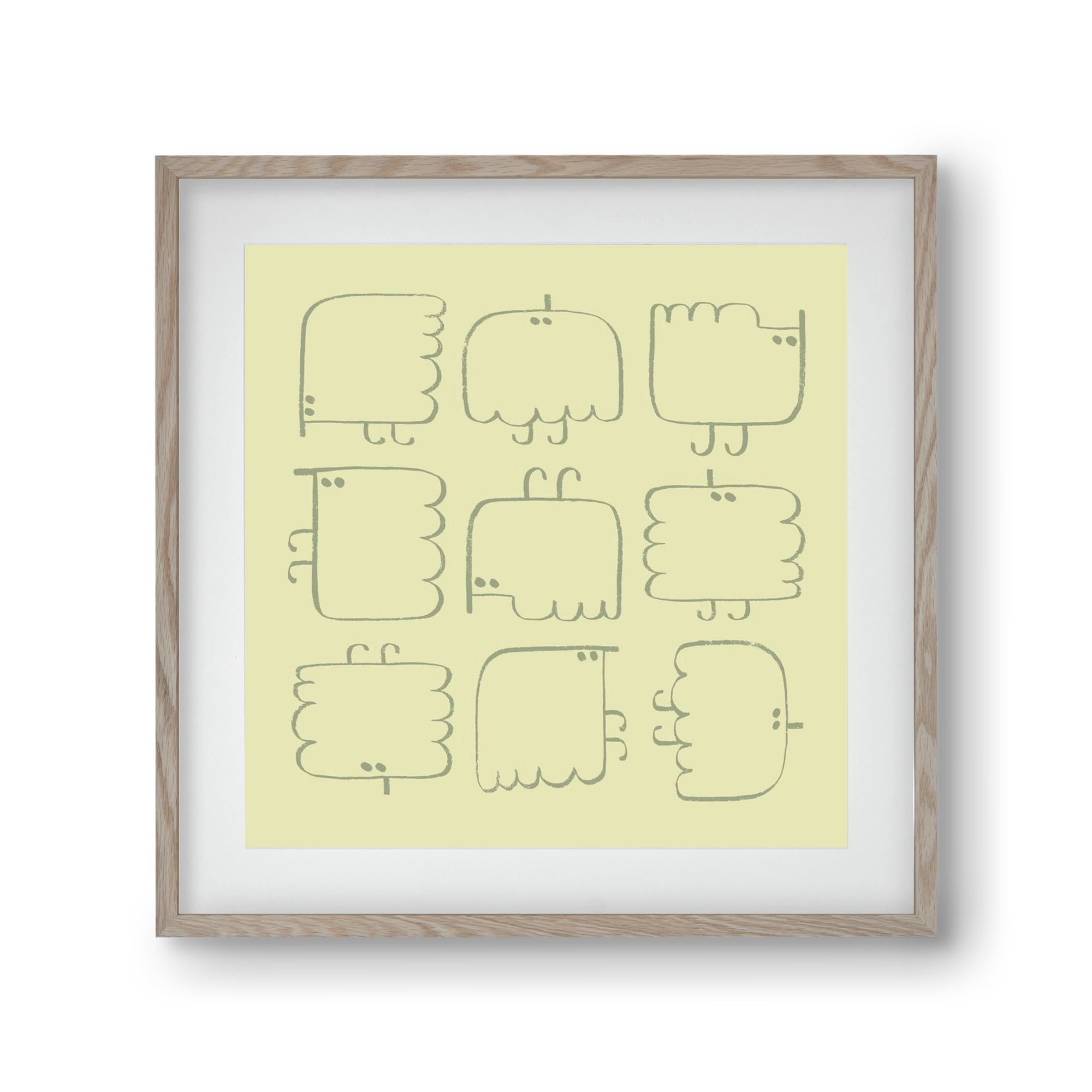 Funny Bird (light green), 30x30 cm (20x20 cm), Tölgy keret, paszpartuval