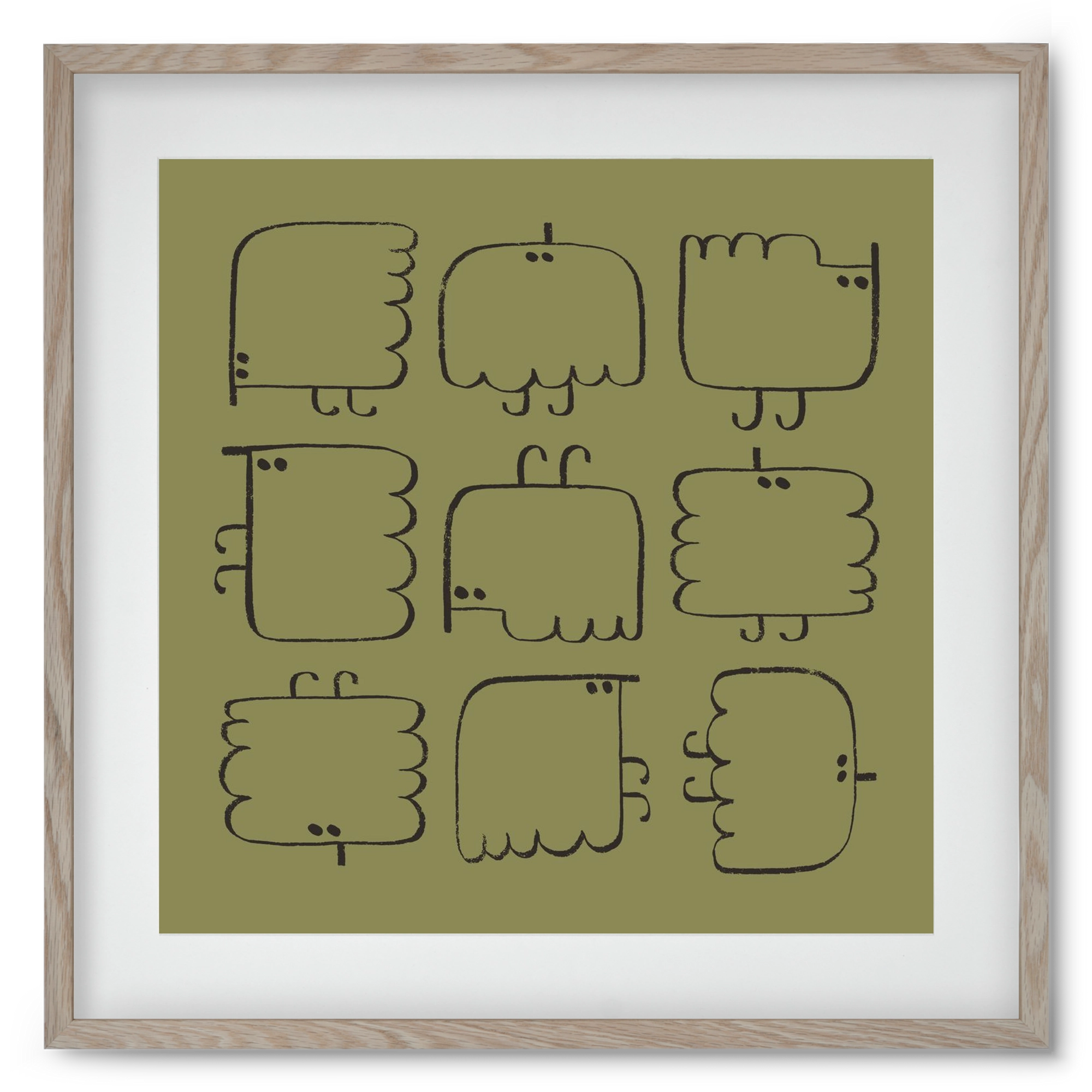 Funny Bird (dark green), 50x50 cm (40x40 cm), Tölgy keret, paszpartuval