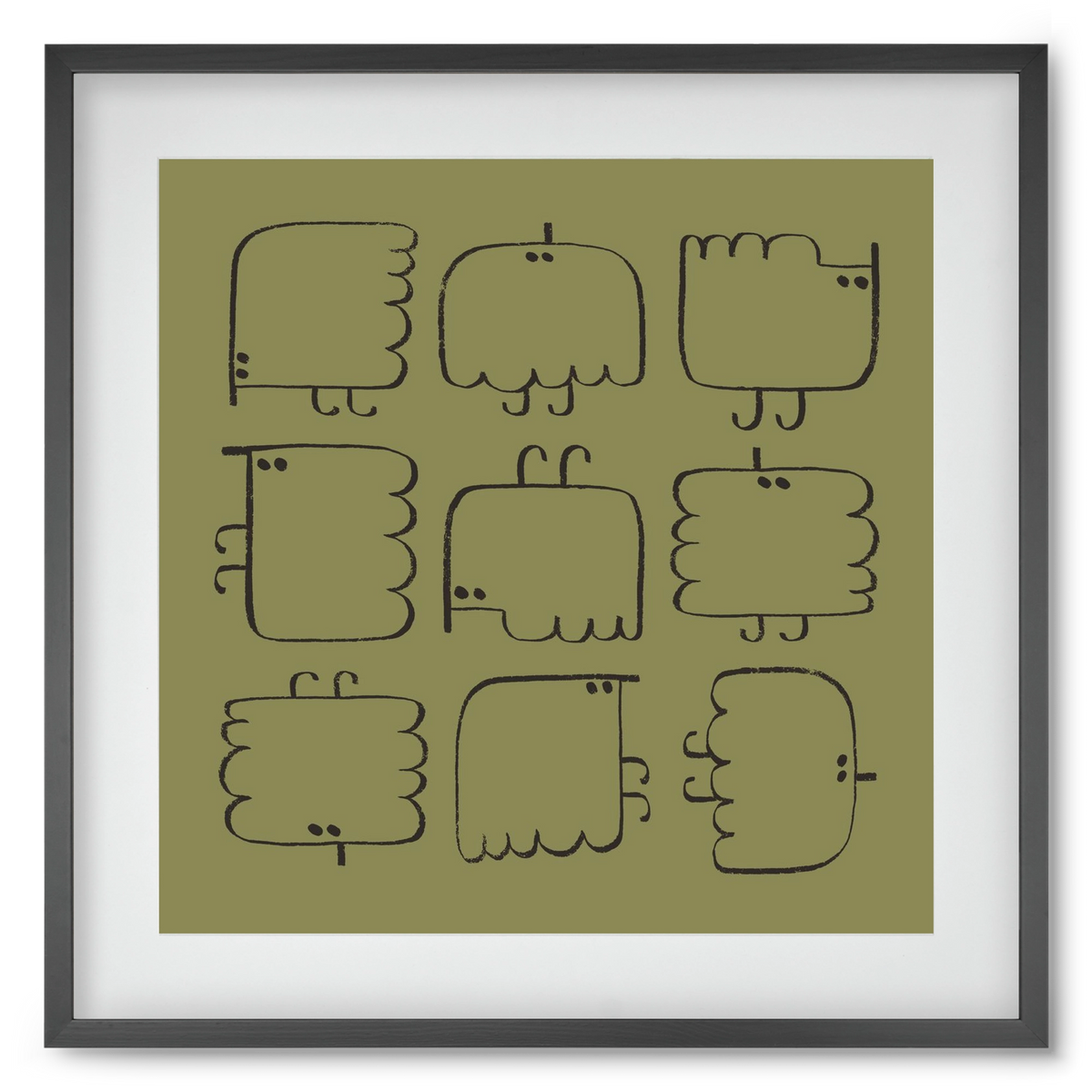 Funny Bird (dark green), 50x50 cm (40x40 cm), Fekete keret, paszpartuval