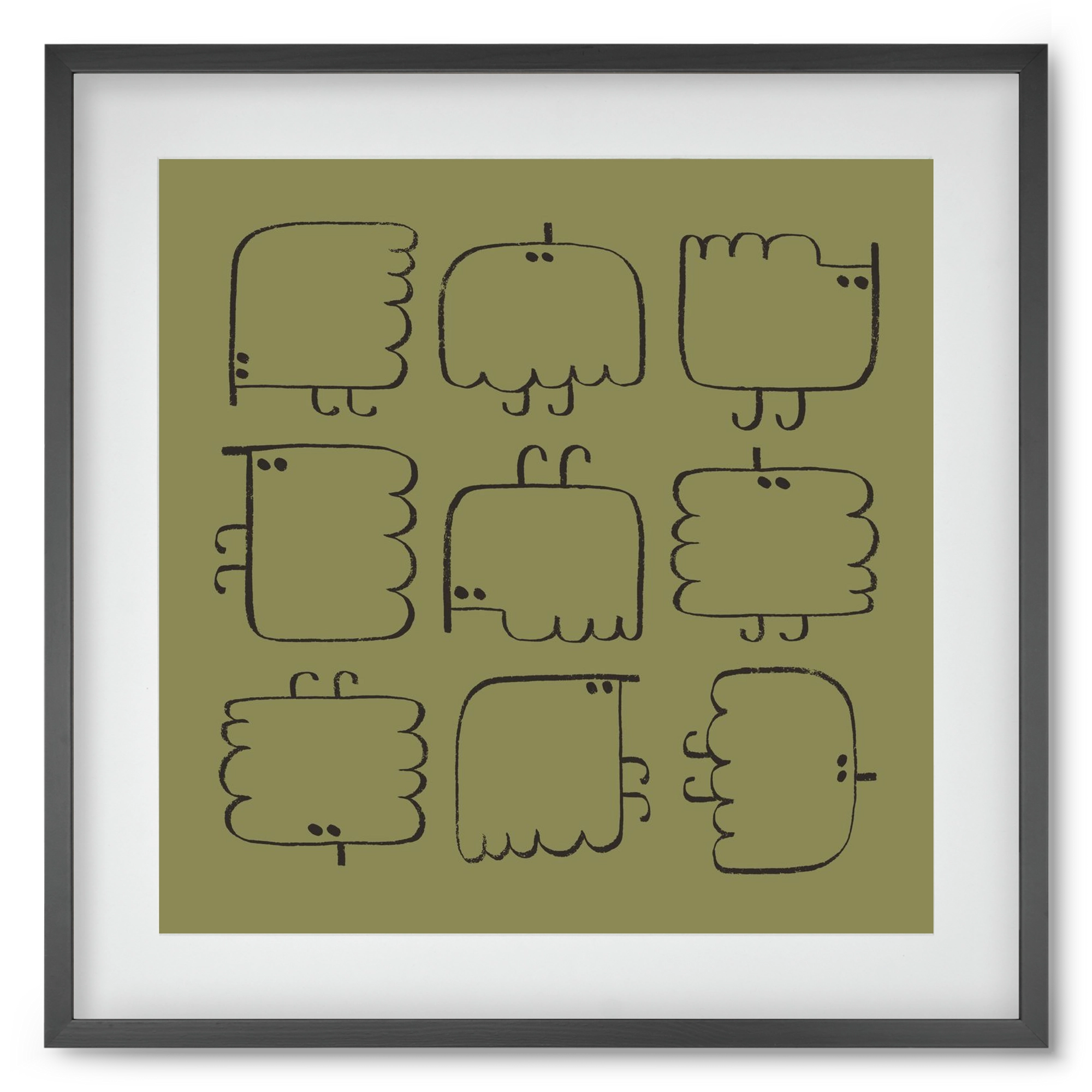 Funny Bird (dark green), 50x50 cm (40x40 cm), Fekete keret, paszpartuval