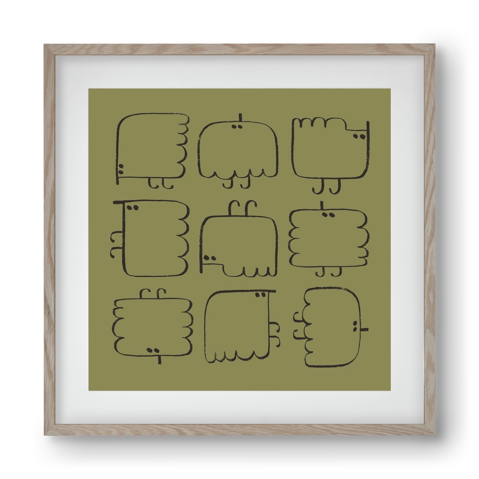 Funny Bird (dark green), 40x40 cm (30x30 cm), Tölgy keret, paszpartuval