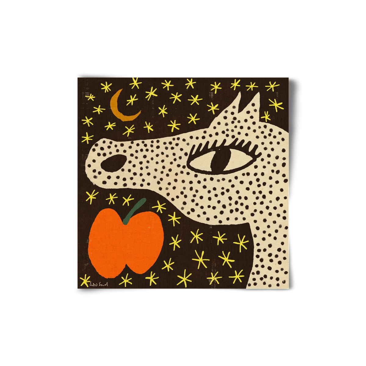 Spotted horse with apple, 20x20 cm, Keret nélkül