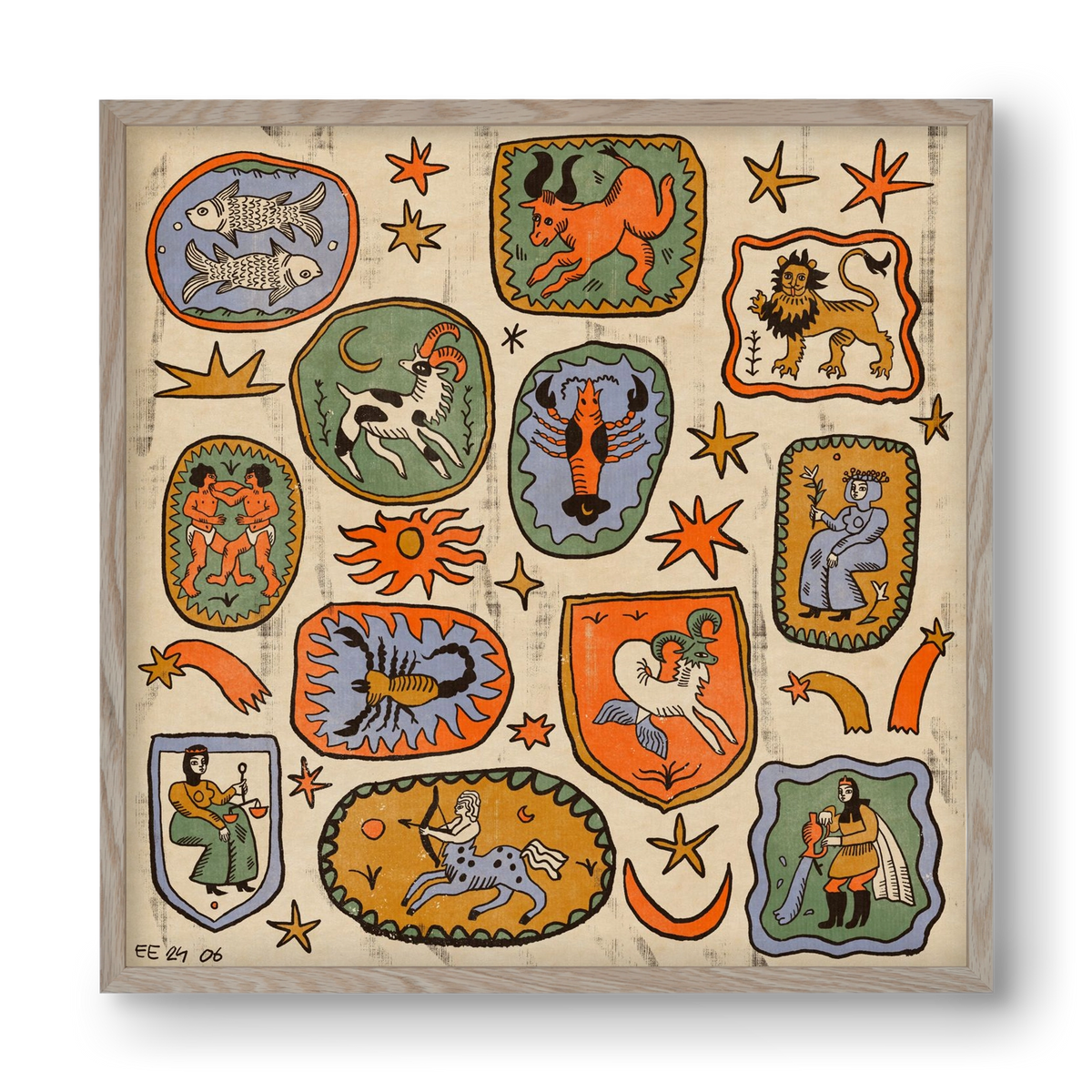 Medieaval zodiac 2, 40x40 cm (40x40 cm), Tölgy keret