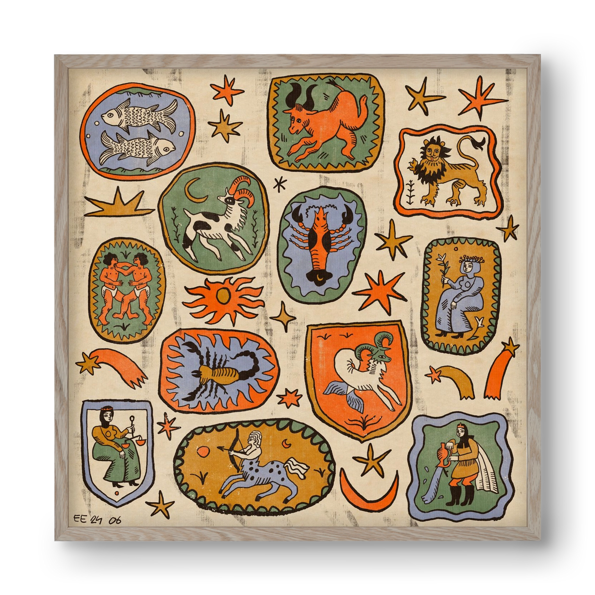 Medieaval zodiac 2, 40x40 cm (40x40 cm), Tölgy keret