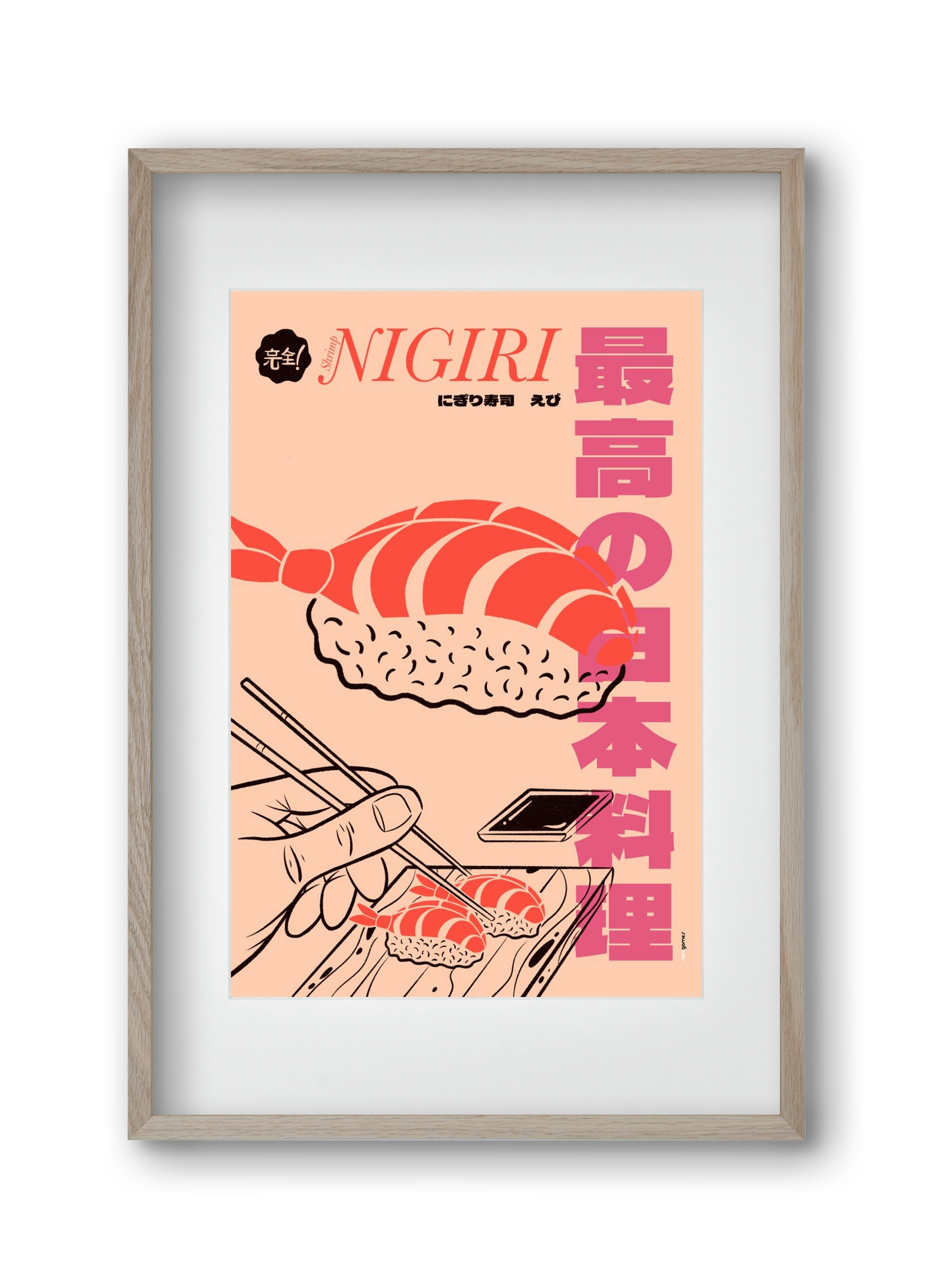 Shrimp Nigiri, 30x45 cm (20x30 cm), Tölgy keret, paszpartuval