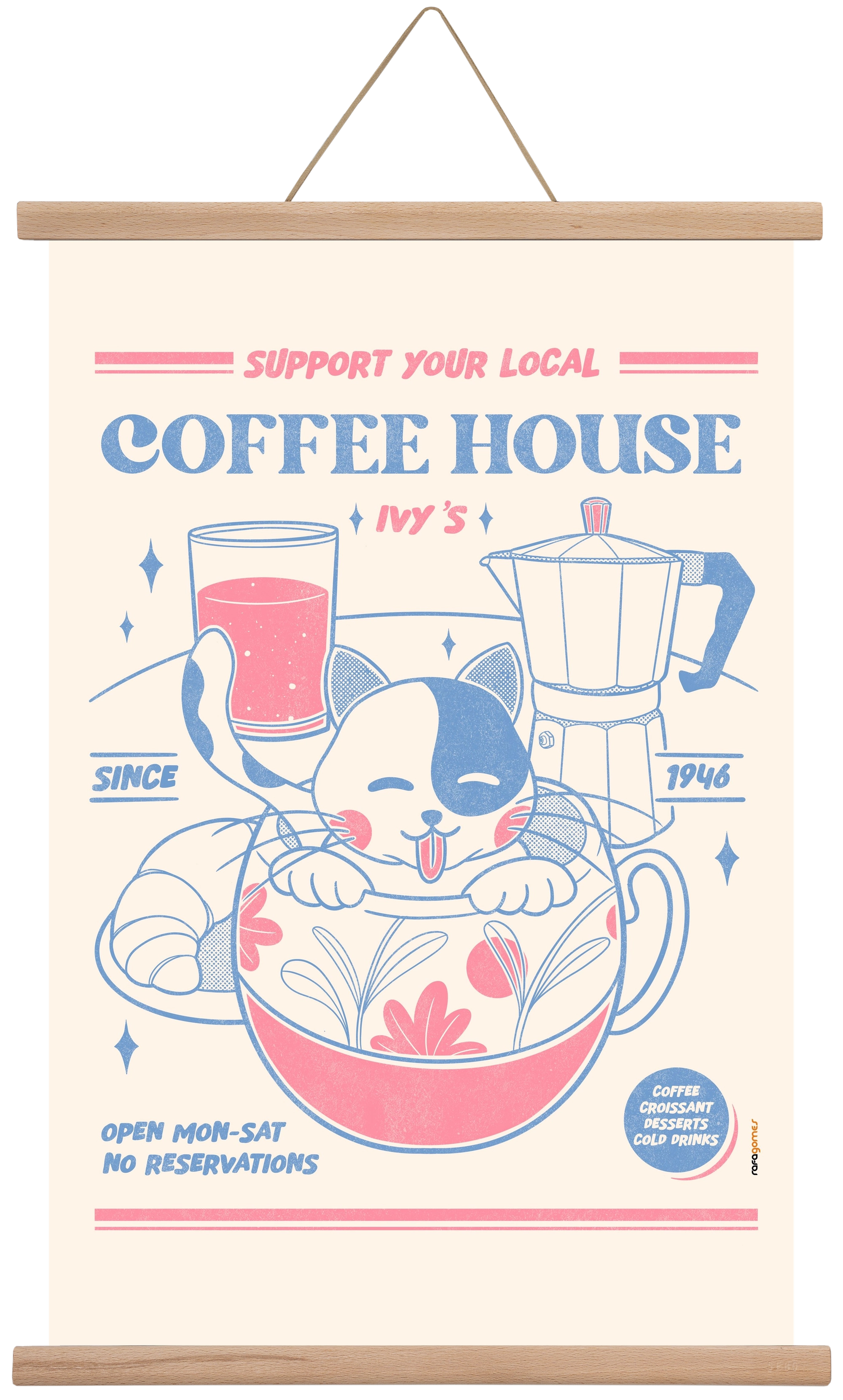 Suport Your Local Cofee House, 40x60 cm (40x60 cm), Tölgy akasztó