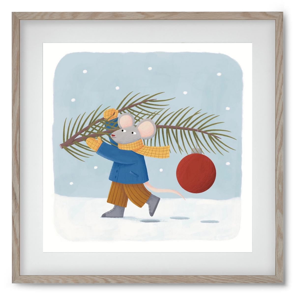 Egér karácsonyfadísszel, 50x50 cm (40x40 cm), Tölgy keret, paszpartuval