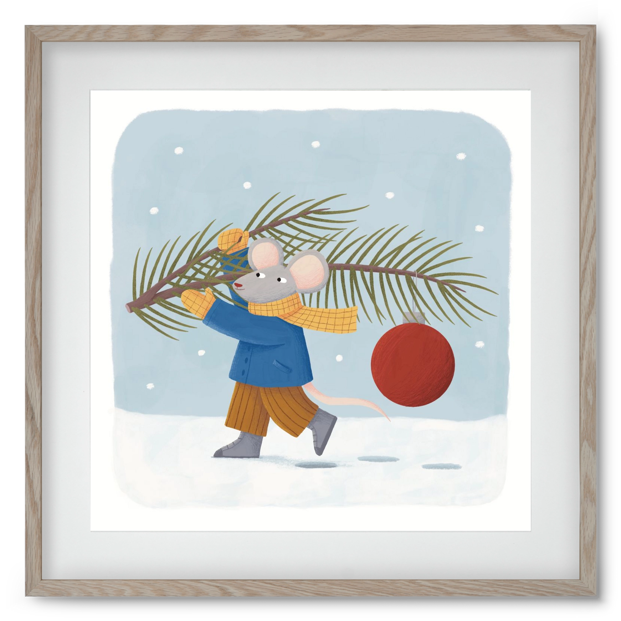 Egér karácsonyfadísszel, 50x50 cm (40x40 cm), Tölgy keret, paszpartuval