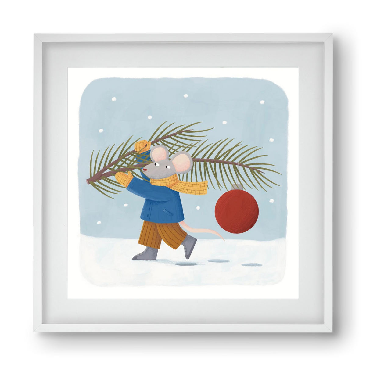 Egér karácsonyfadísszel, 40x40 cm (30x30 cm), Fehér keret, paszpartuval