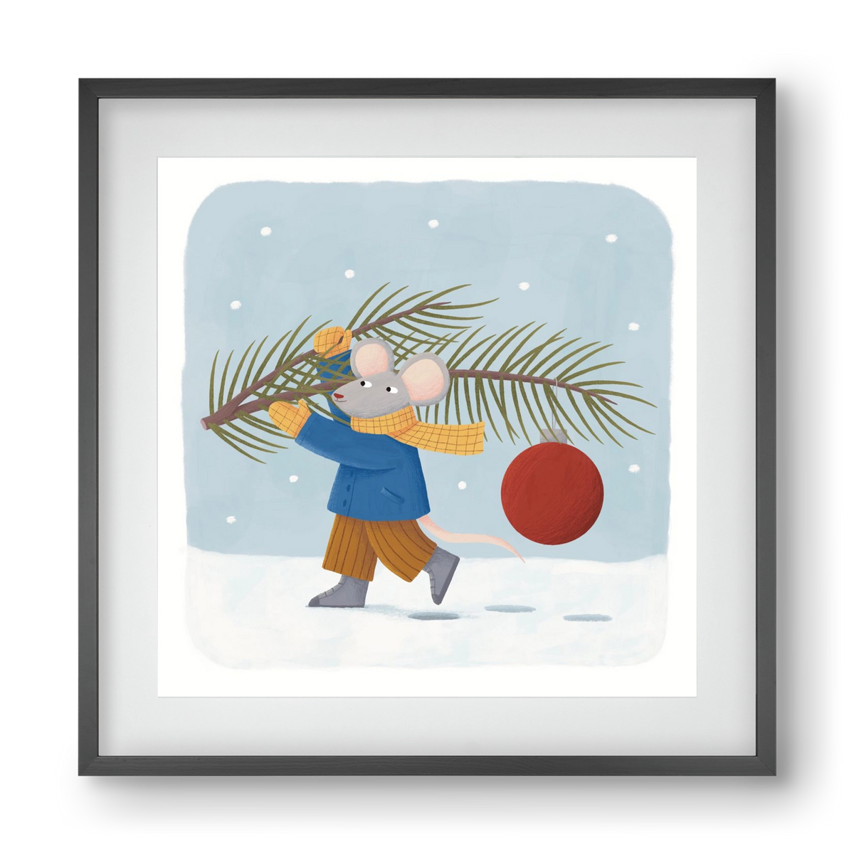 Egér karácsonyfadísszel, 40x40 cm (30x30 cm), Fekete keret, paszpartuval