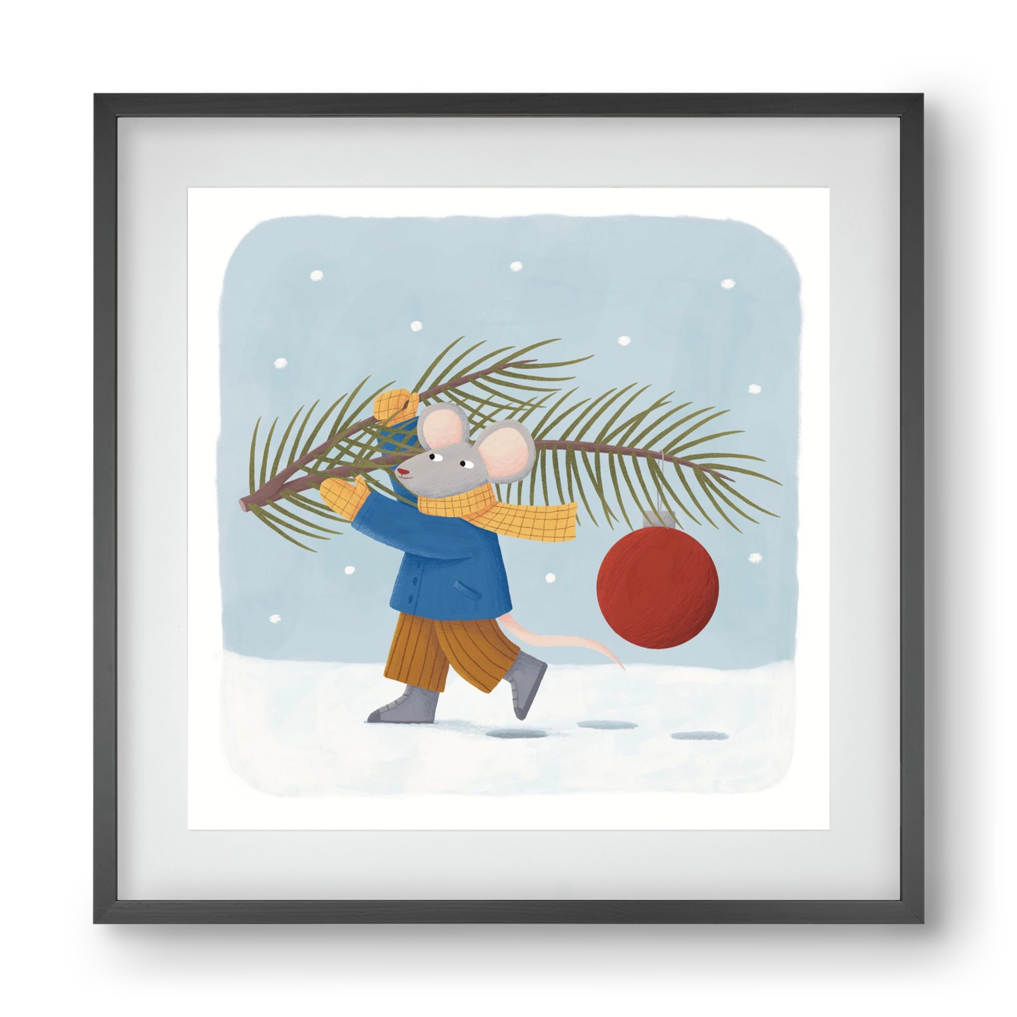 Egér karácsonyfadísszel, 40x40 cm (30x30 cm), Fekete keret, paszpartuval