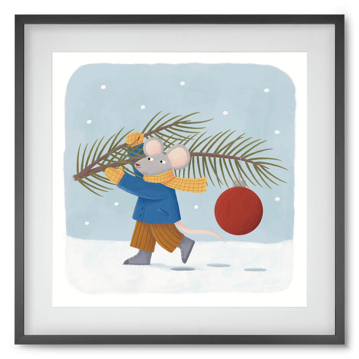 Egér karácsonyfadísszel, 50x50 cm (40x40 cm), Fekete keret, paszpartuval