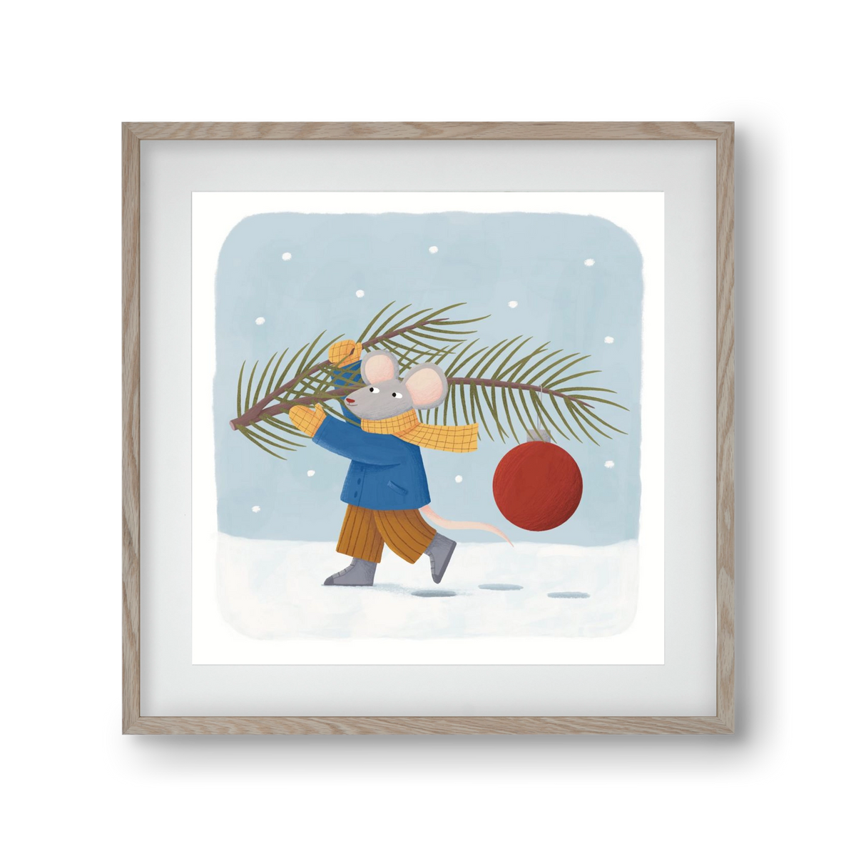 Egér karácsonyfadísszel, 30x30 cm (20x20 cm), Tölgy keret, paszpartuval